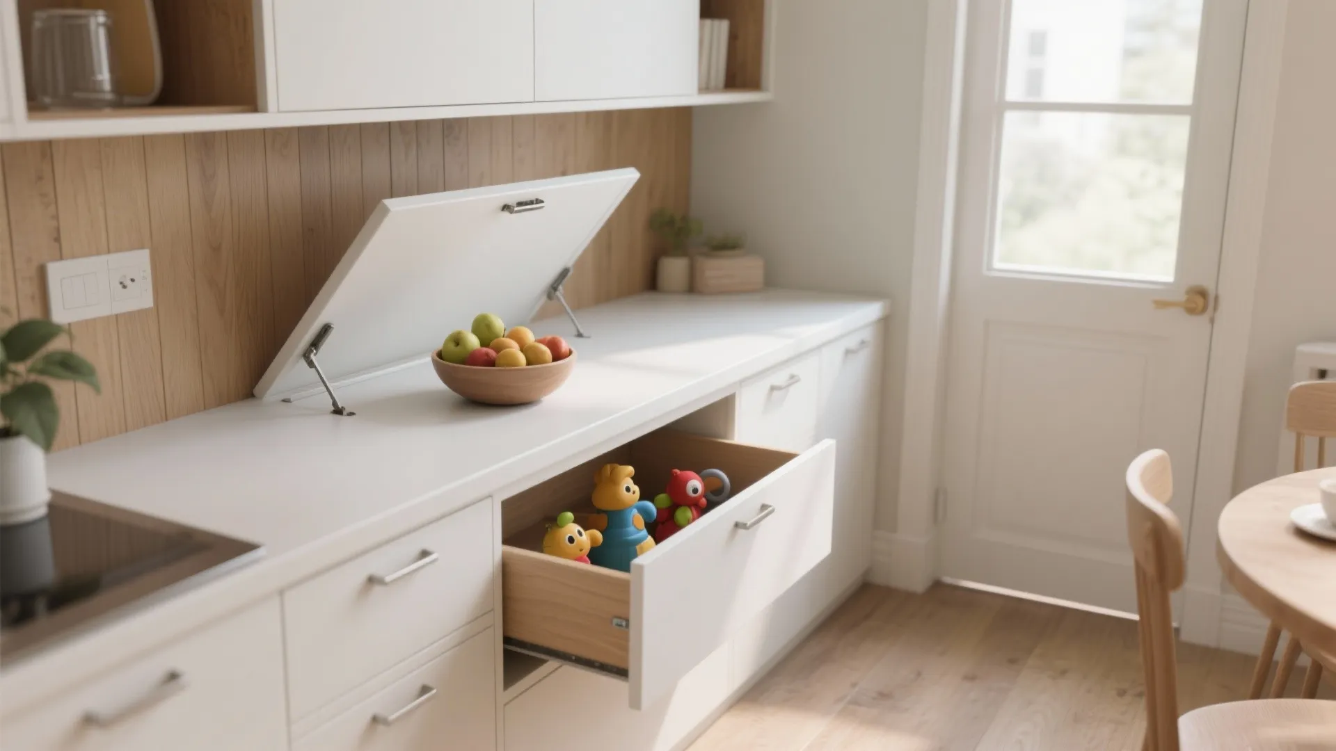 Modern white kitchen cabinet with open drawers storage and bowl of fruit on the counter