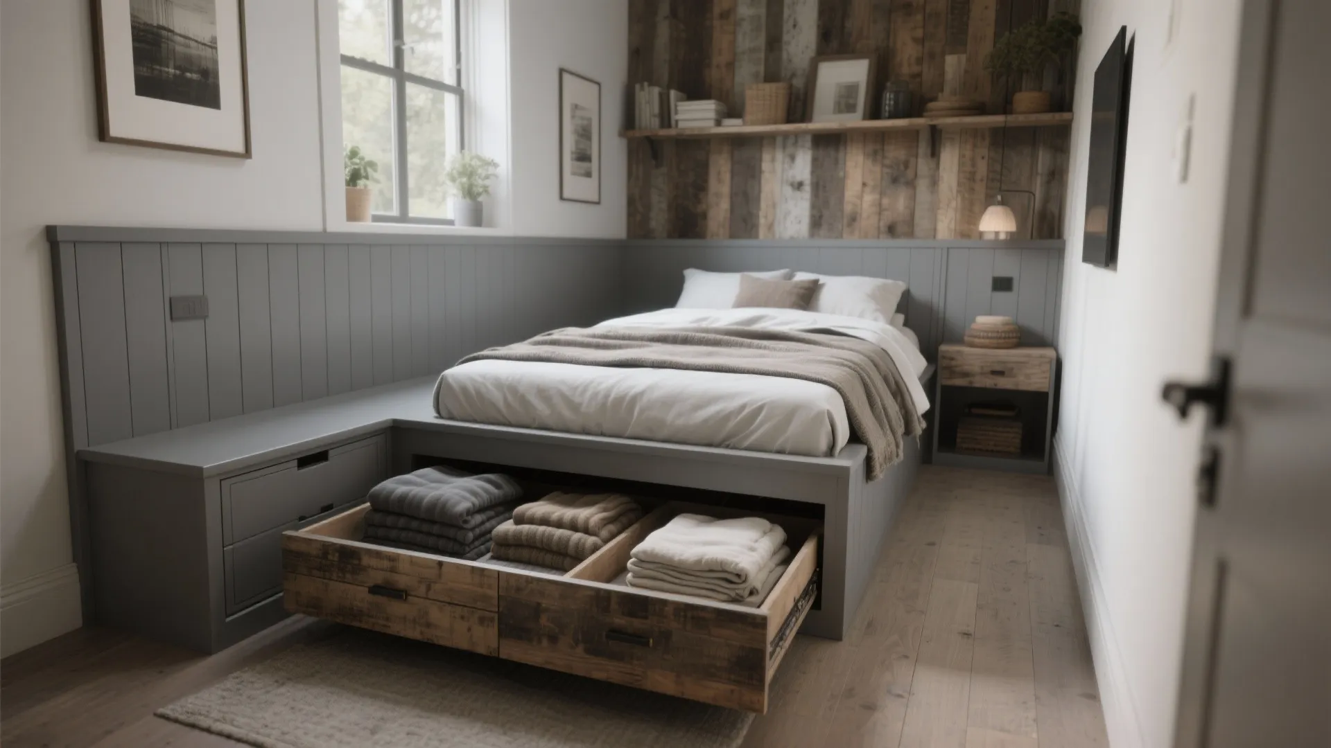 Grey built in bed frame with open wooden drawers showing folded blankets and wall panel