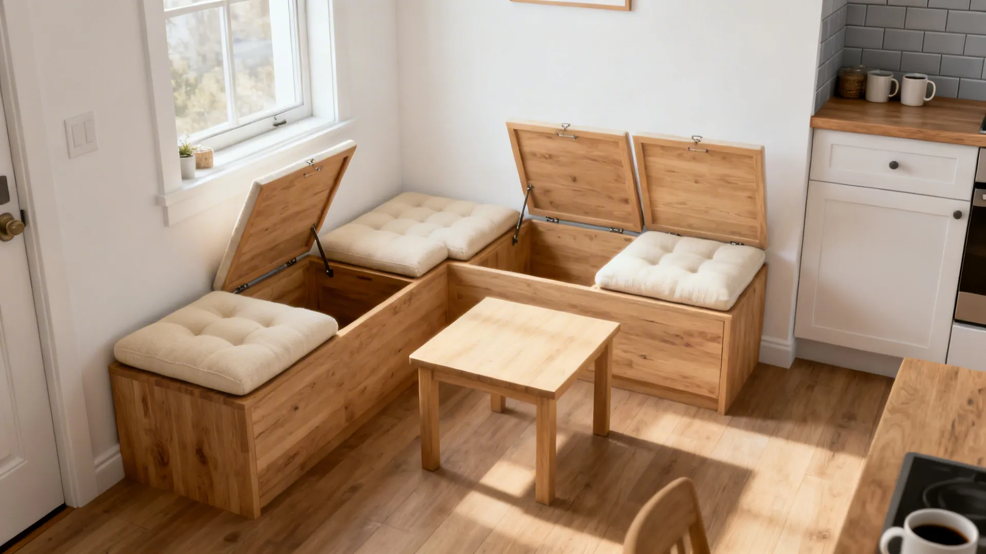 Built-in L-shaped storage bench with cream cushions and a compact table beneath a window.