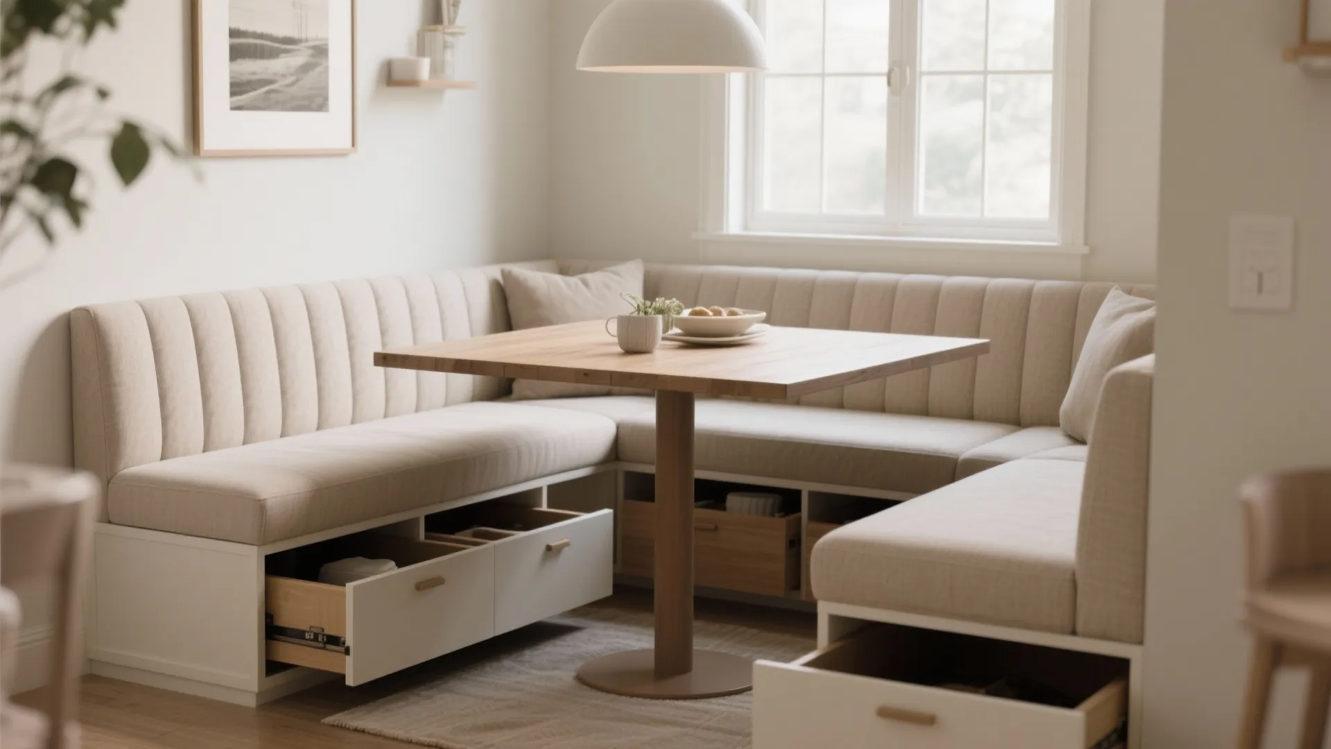 Built in dining bench with open storage drawers wooden table white wall light and window view