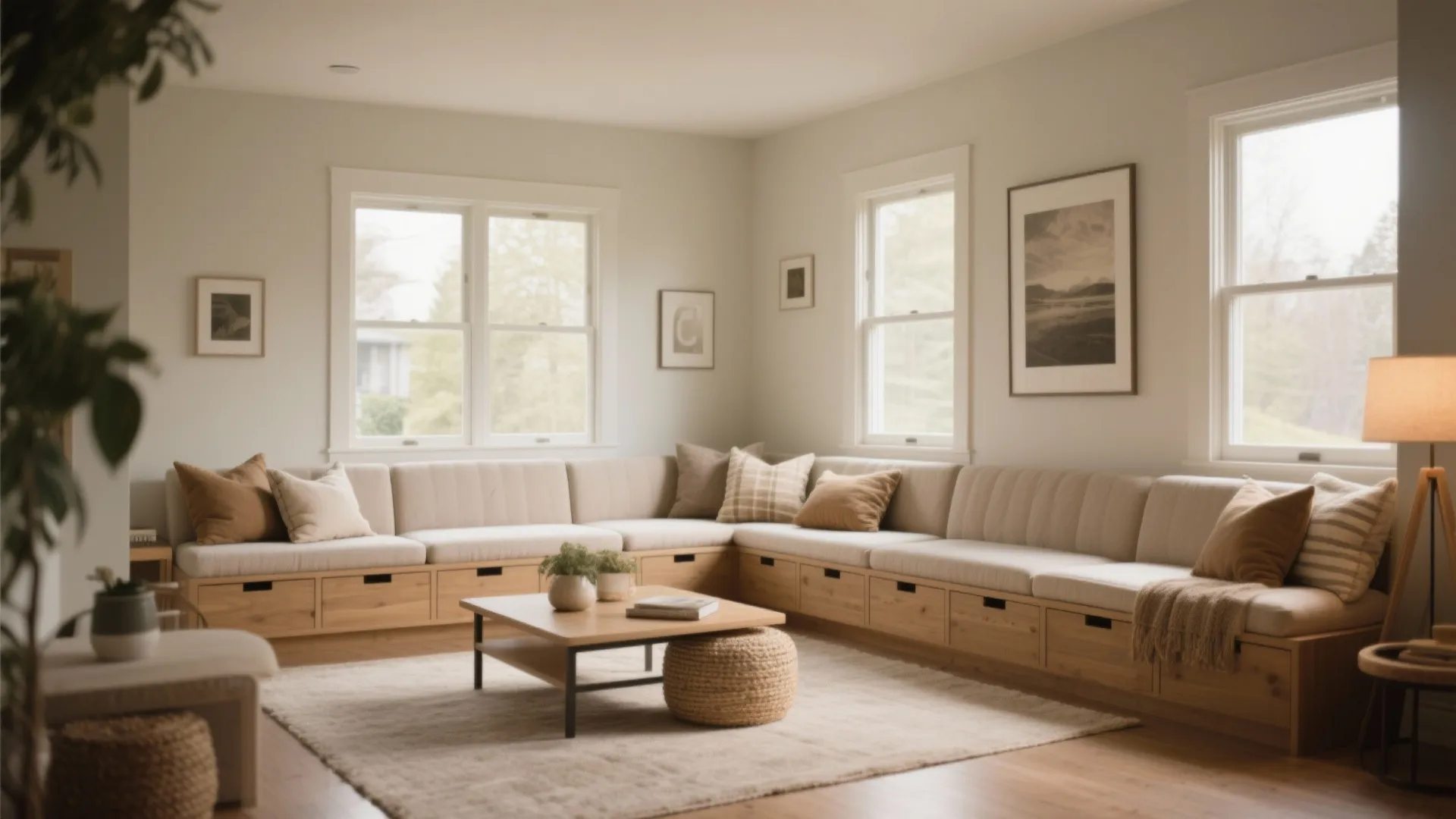 Large L shaped wooden seating area with storage drawers cushions coffee table and woven footrest