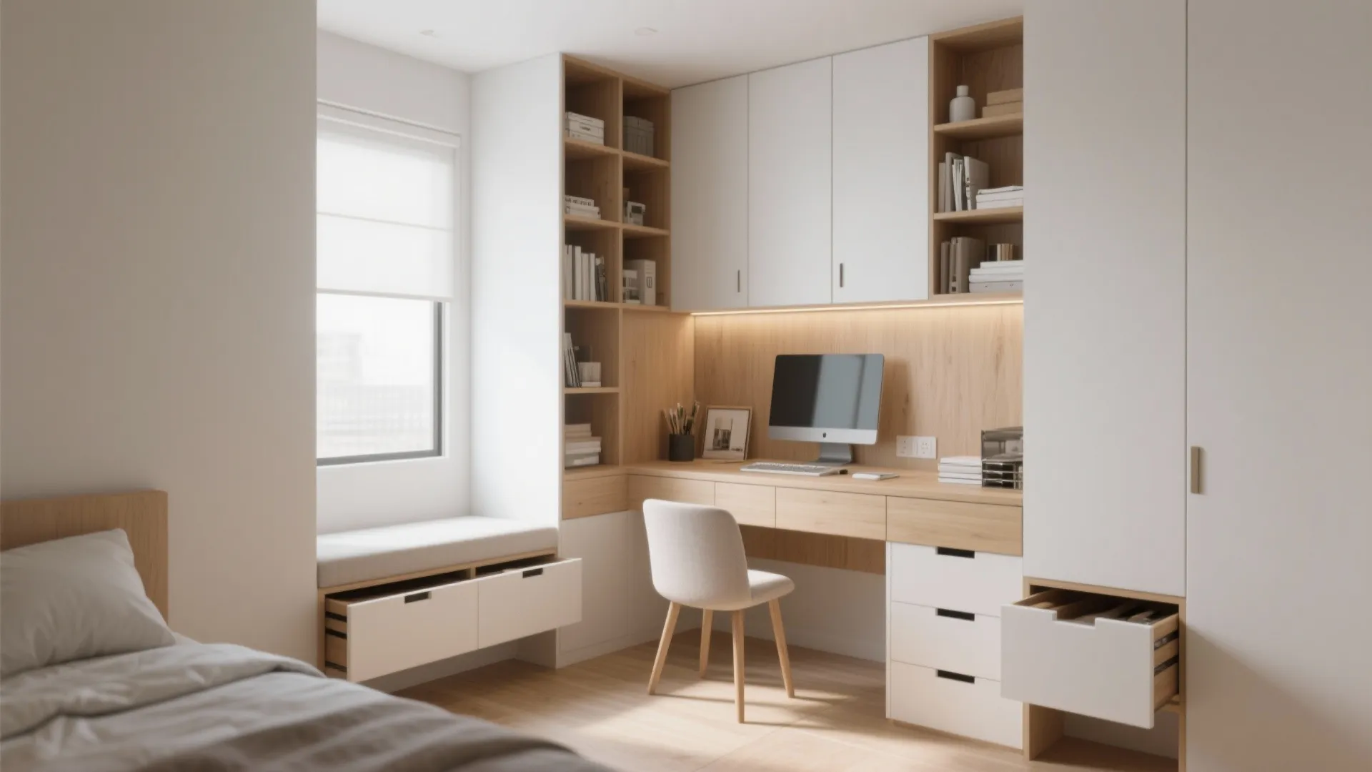 3. Built-in Storage Around the Desk