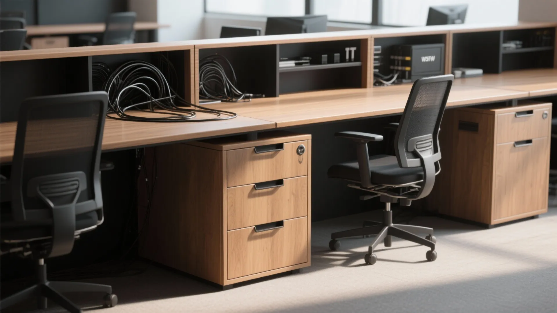 IT办公室配有内置抽屉和隐藏储物空间的桌子
