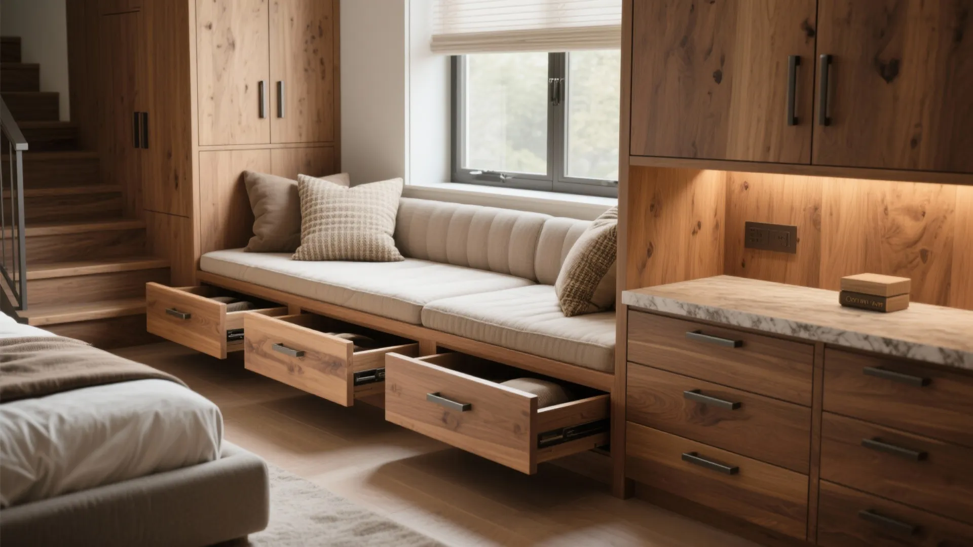 Close-up of oak built-in window seat and hidden drawers integrated as design features.