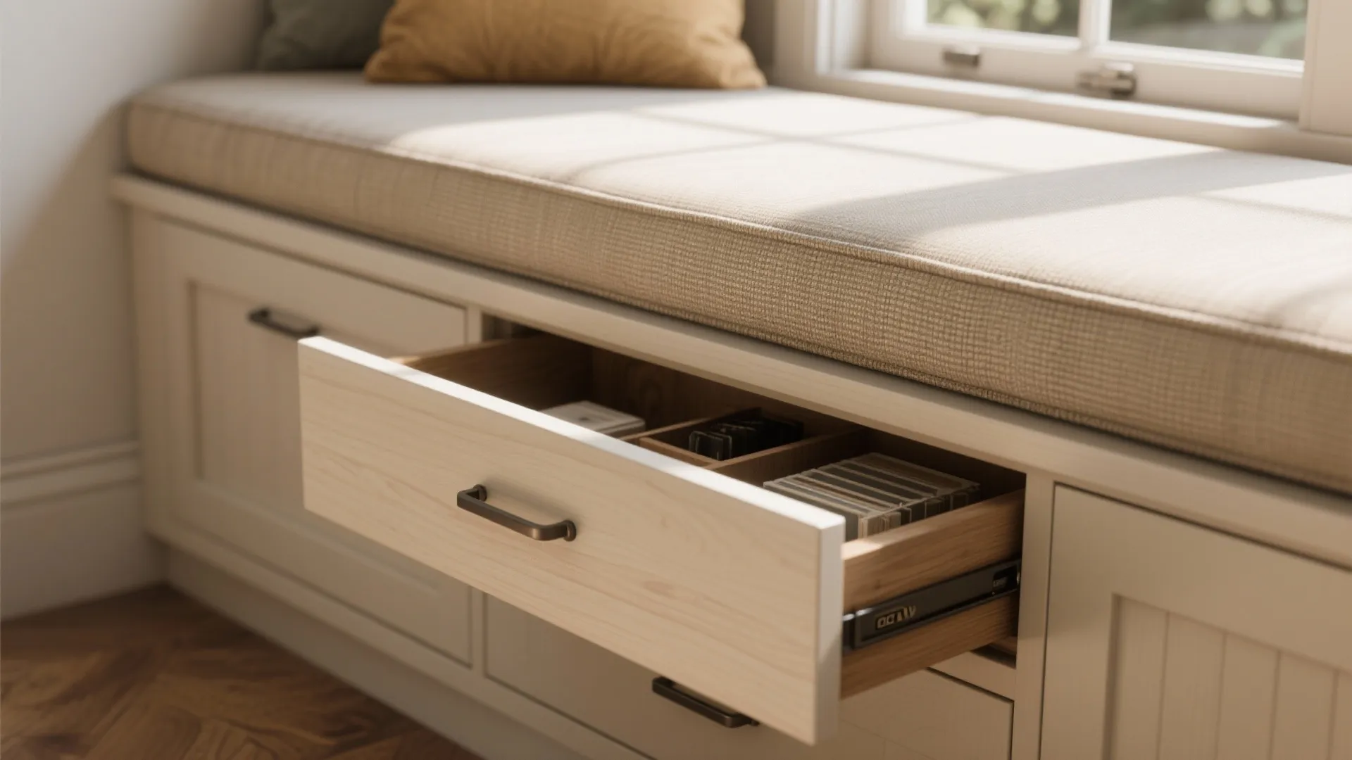 Built-in storage under a window seat showing drawer and cushion detail.