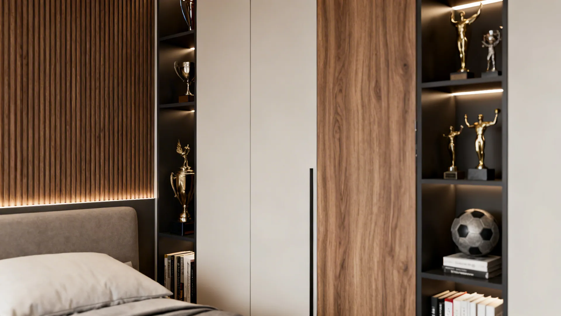 Close-up of built-in shelving and cabinets surrounding a bed with integrated lighting