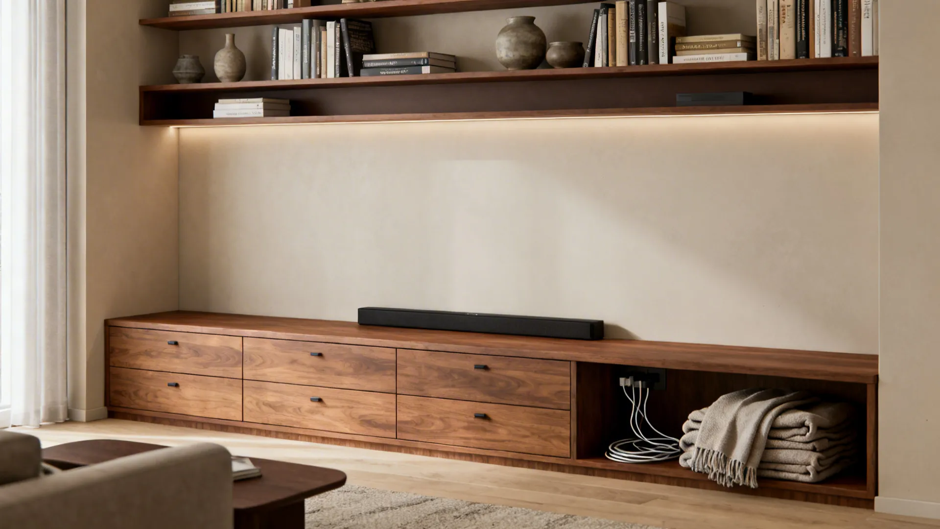 Low media bench with drawers and a shallow shelf band displaying books and ceramics.