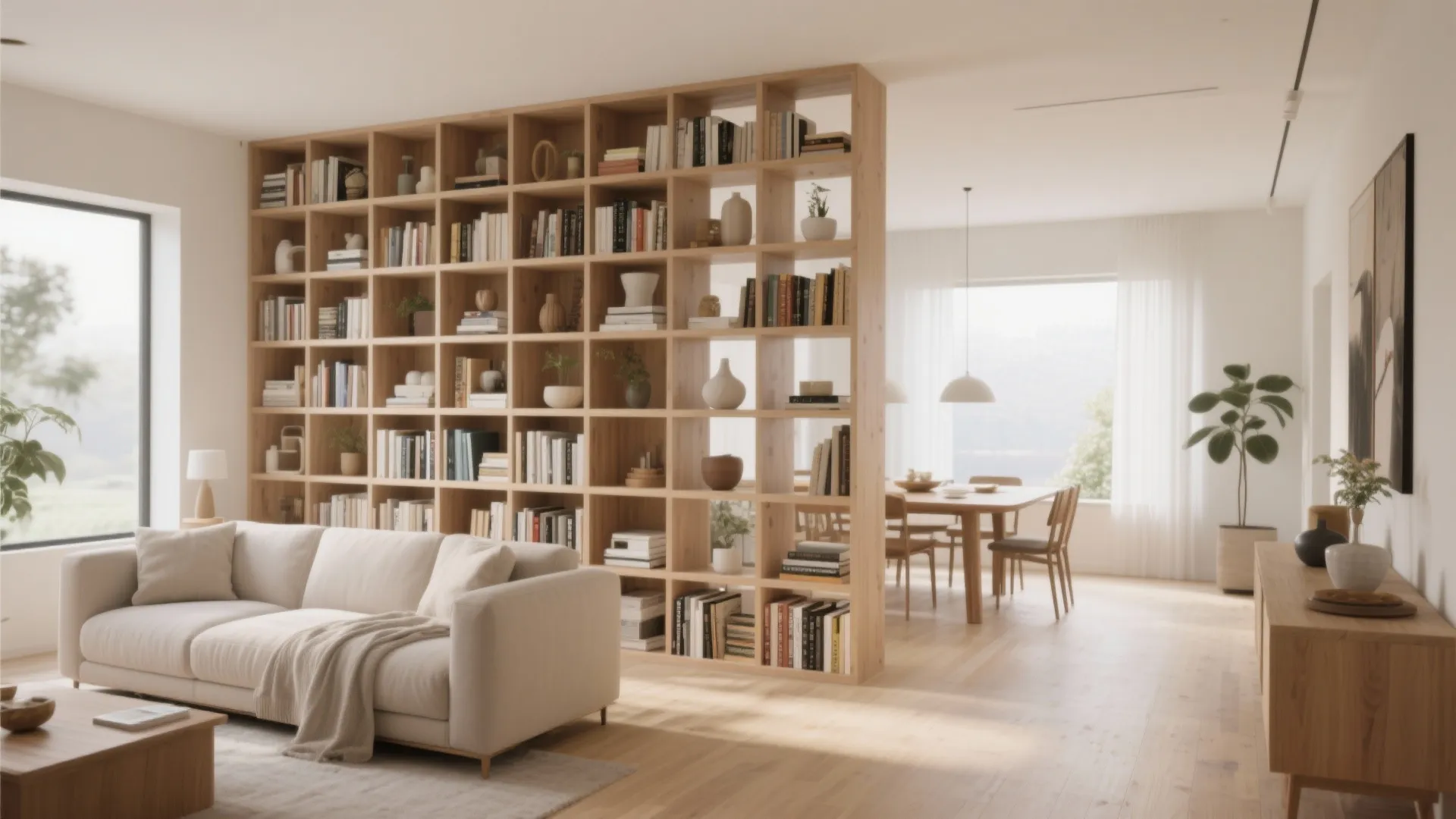 Large wooden bookshelf used as a room divider between a white sofa and dining room
