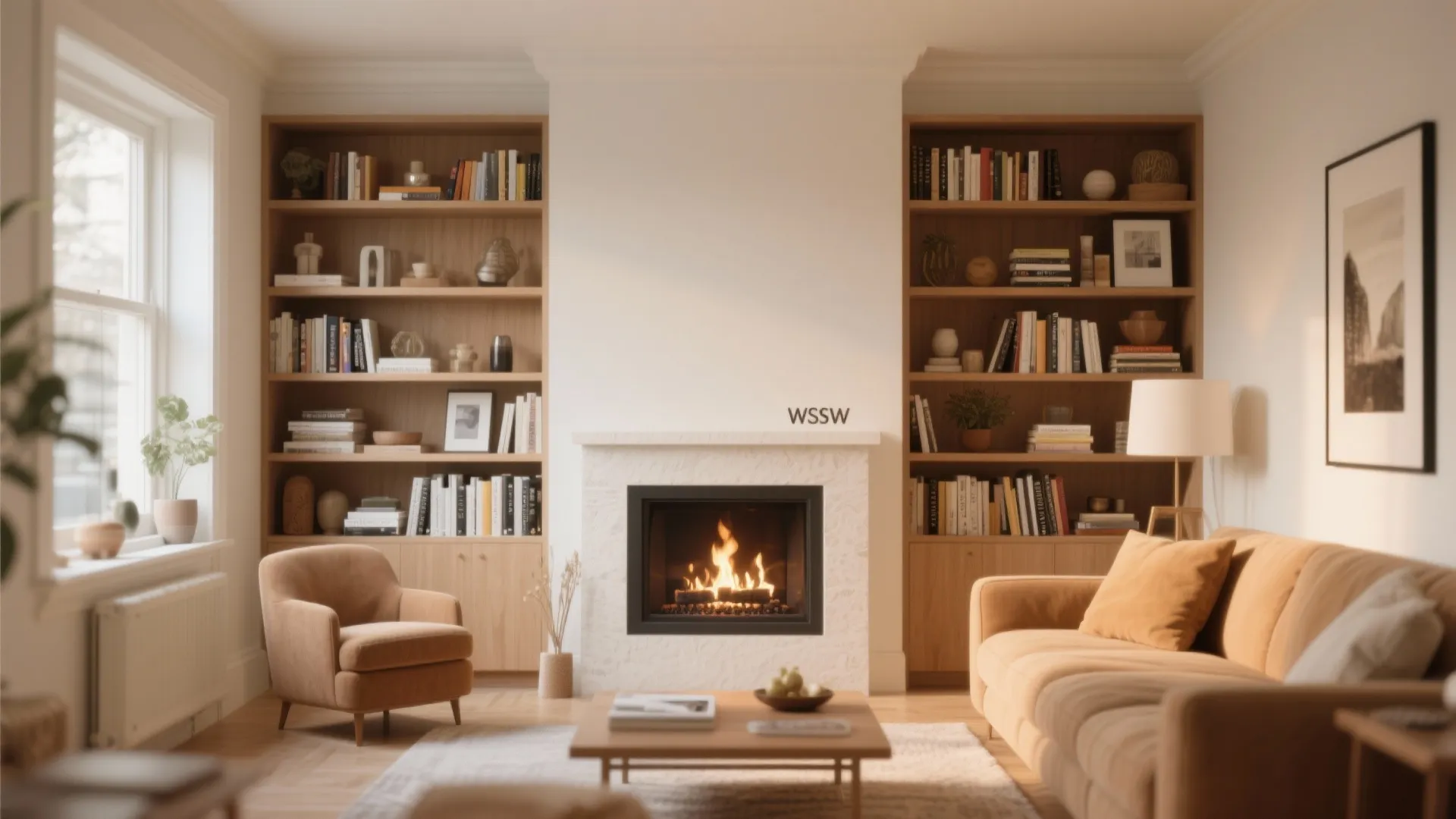 Small living room with fireplace framed by custom built-in storage