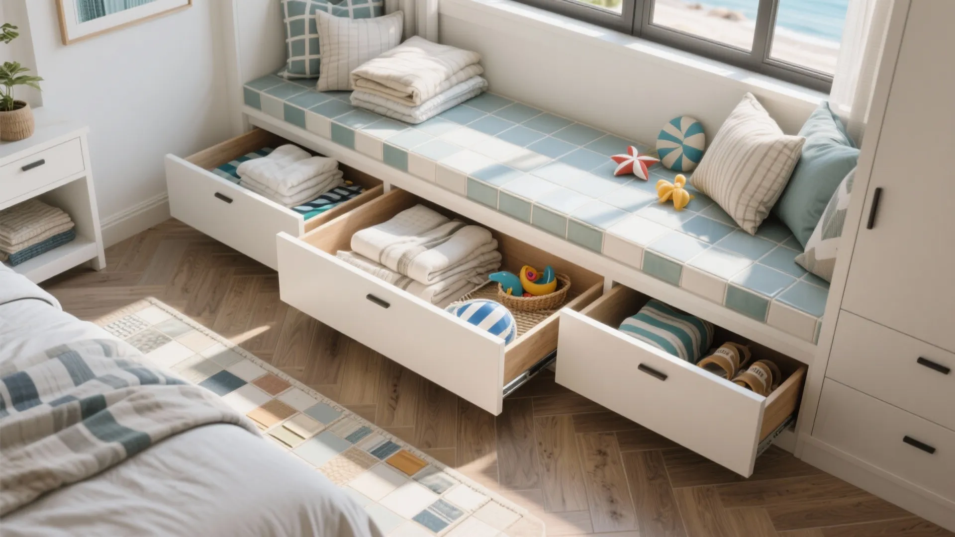 2. Built-in storage under beds and benches