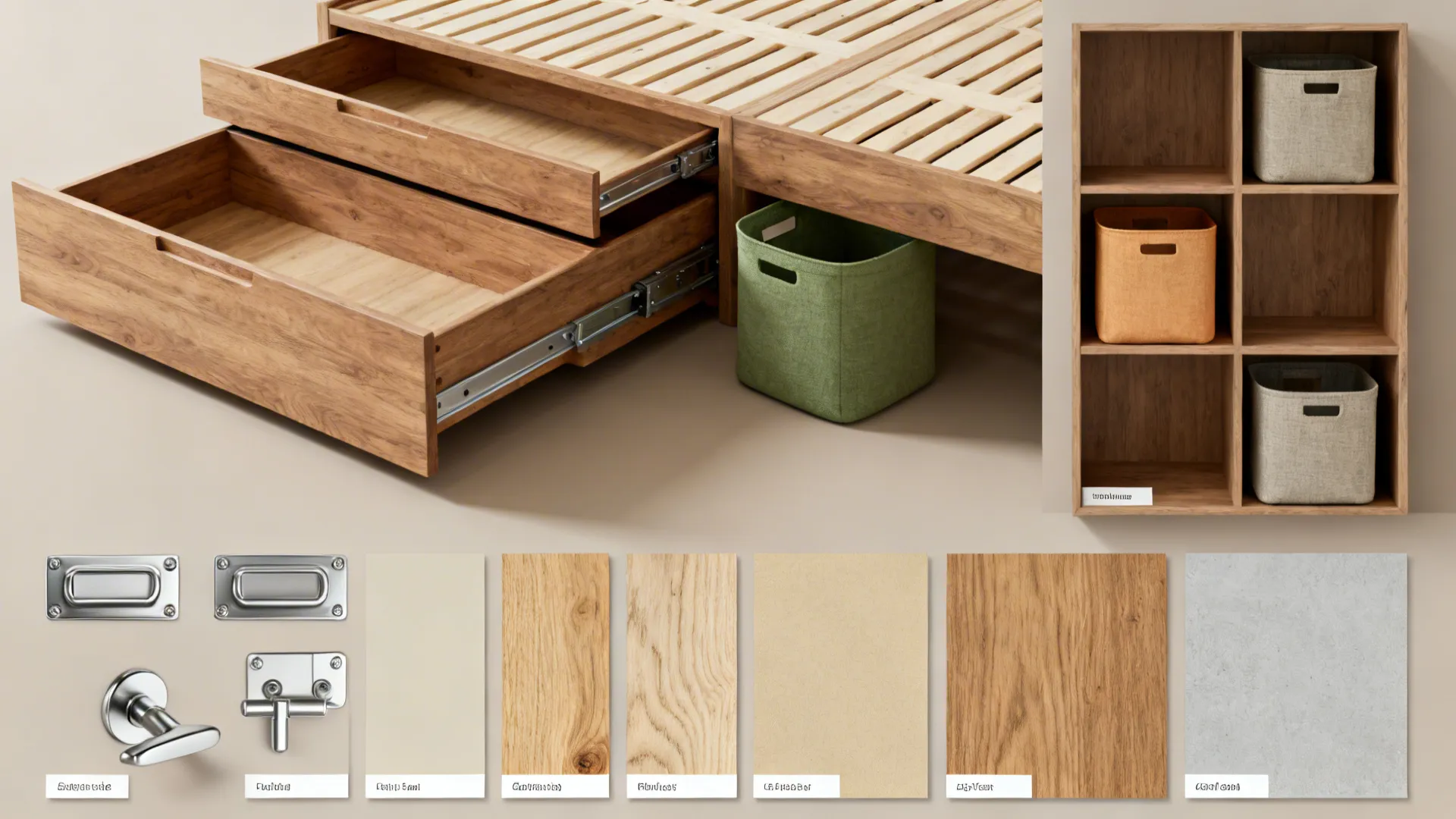 Material flatlay showing drawers, cubbies, fabric bins and color swatches for built-in beds.