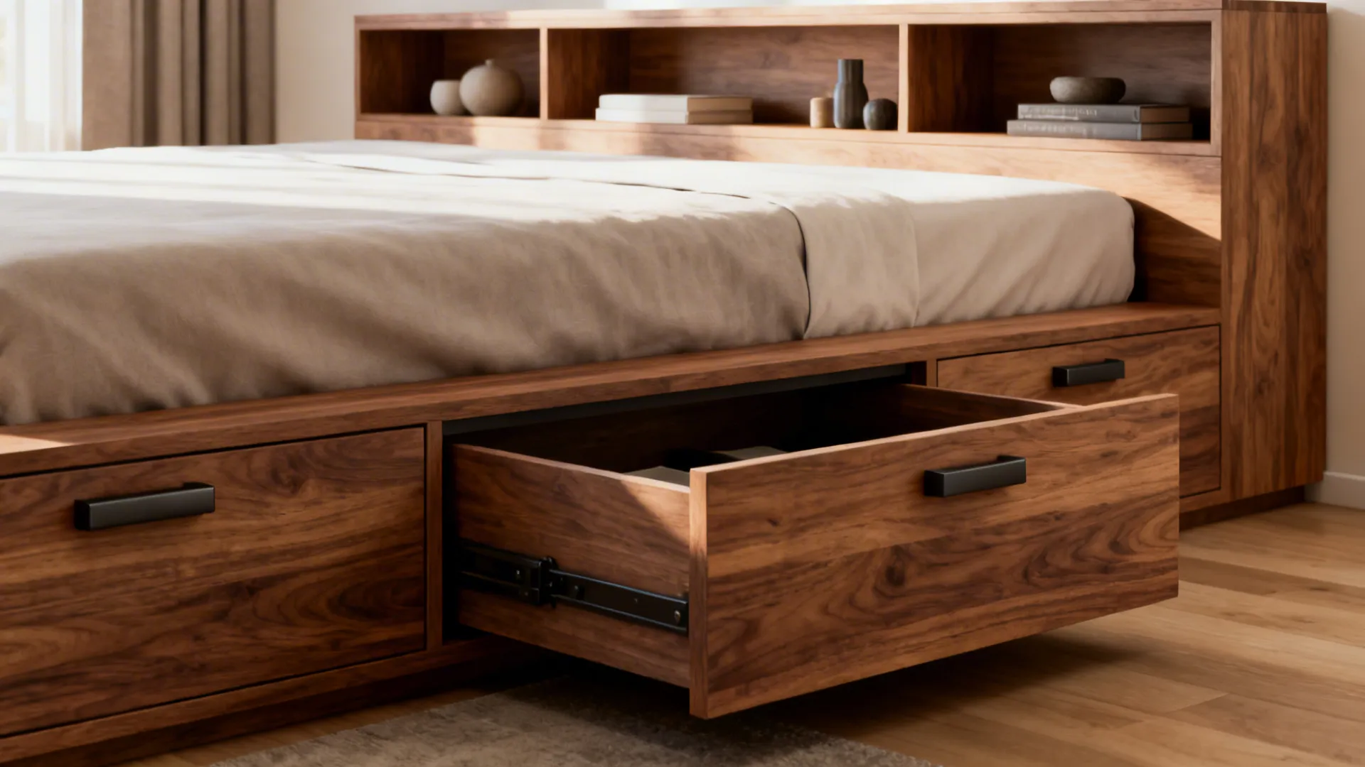 Platform king bed with built-in drawers and recessed shelving replacing bulky furniture