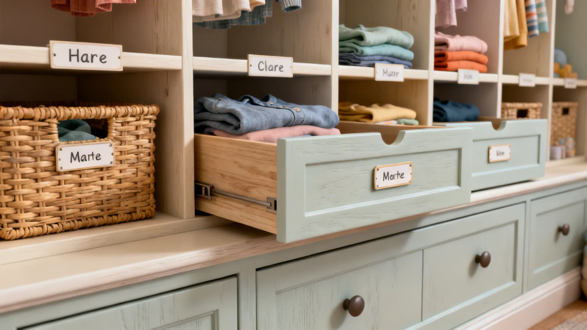 Close-up of split labeled cubbies and drawers in a shared bedroom storage unit.