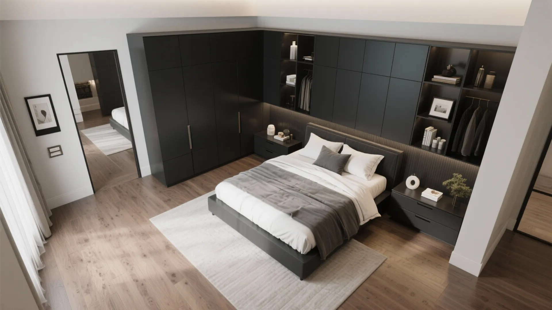 Modern bedroom featuring a black corner wardrobe and built in shelves with integrated warm lighting