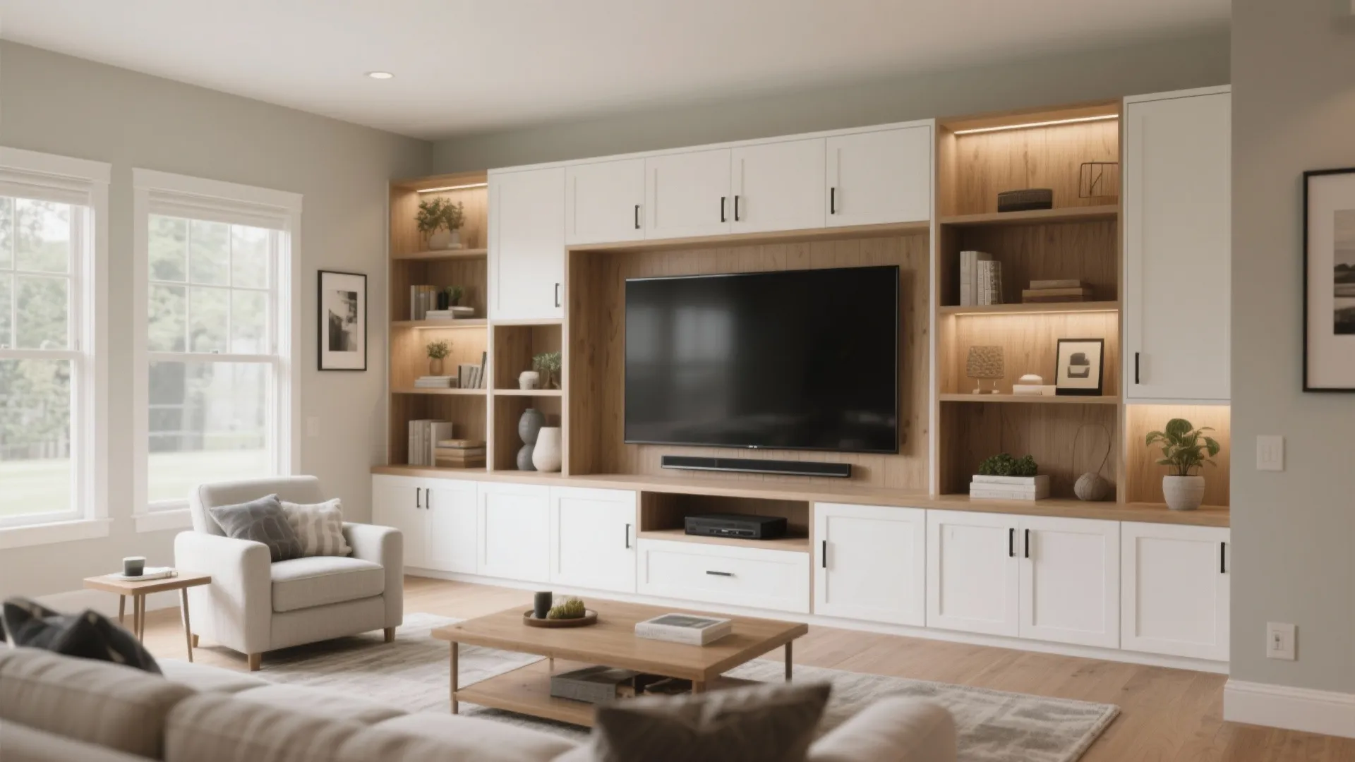 White and wood wall cabinet with television and shelves in bright living room beside armchair