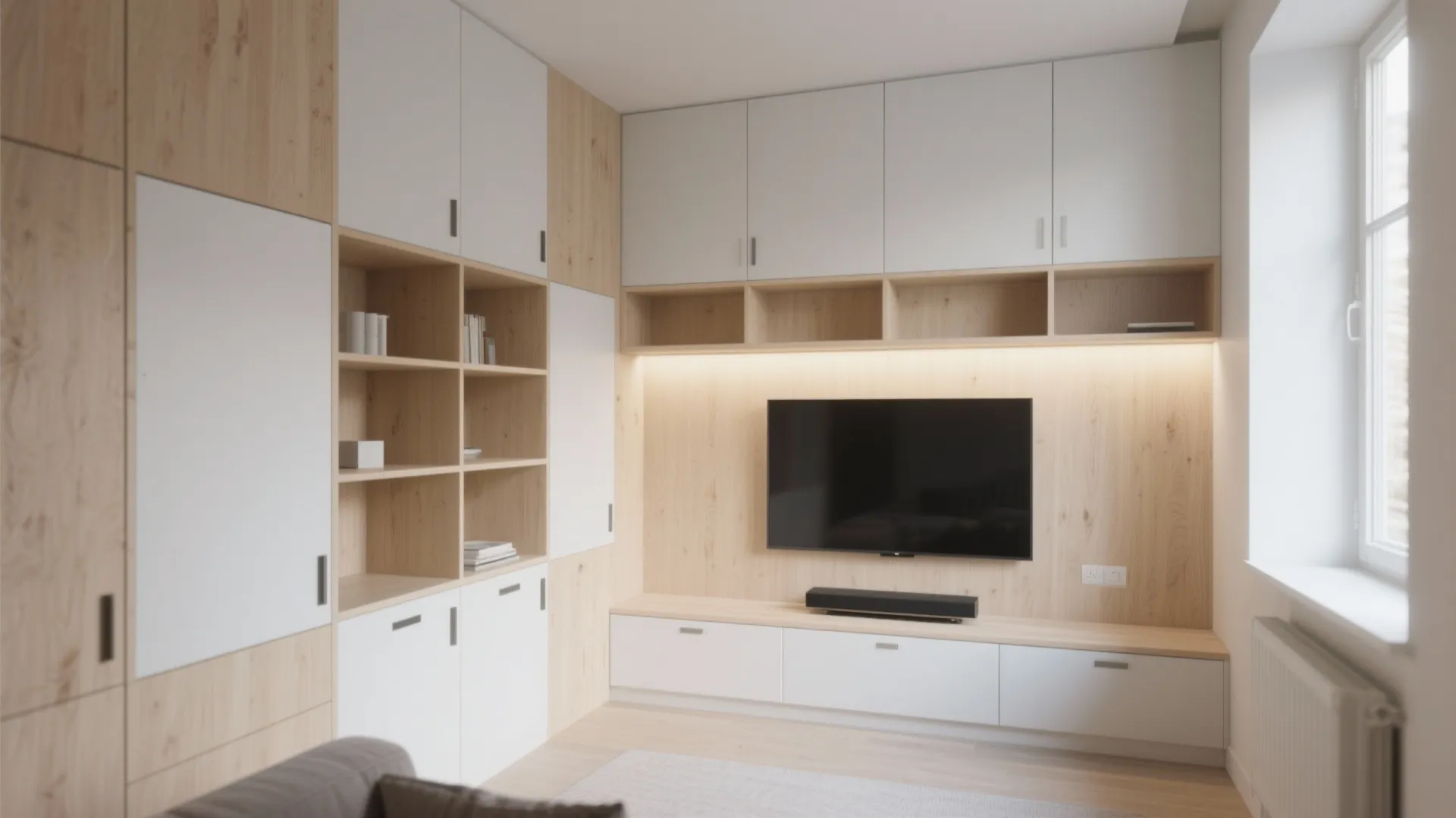 Custom white and wood wall cabinet unit with integrated shelves television and warm accent lighting