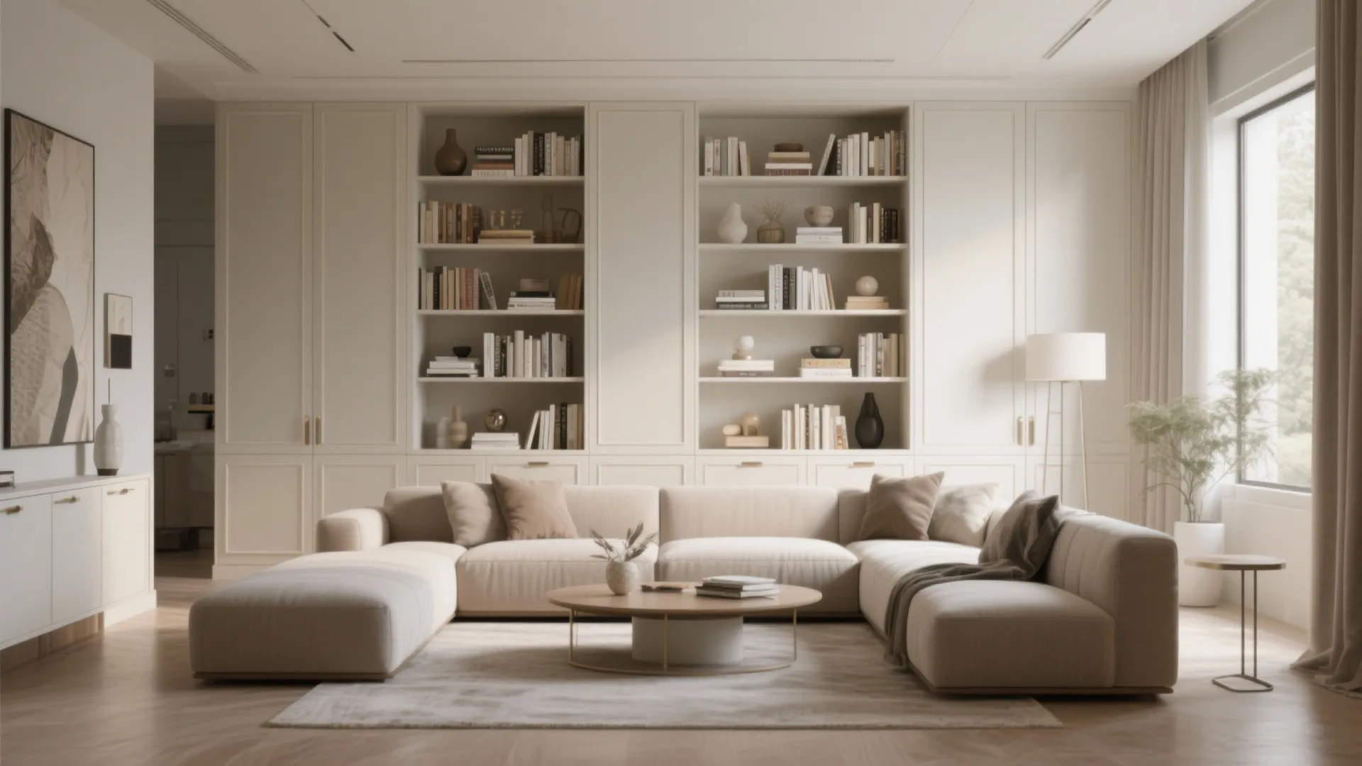Modern living room featuring large white built in cabinet with bookshelves sofa and coffee table