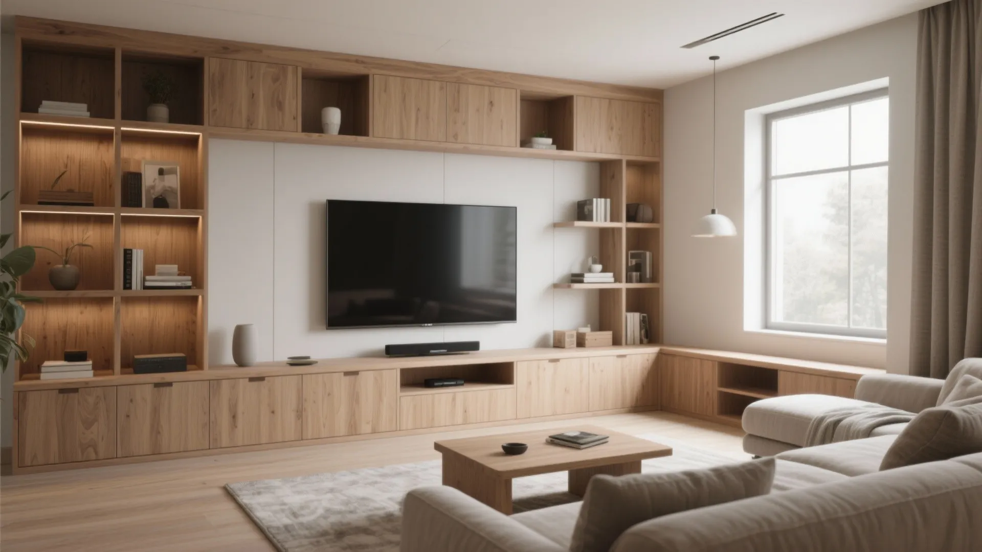Modern living room featuring a large wooden wall cabinet with integrated television and soft lighting