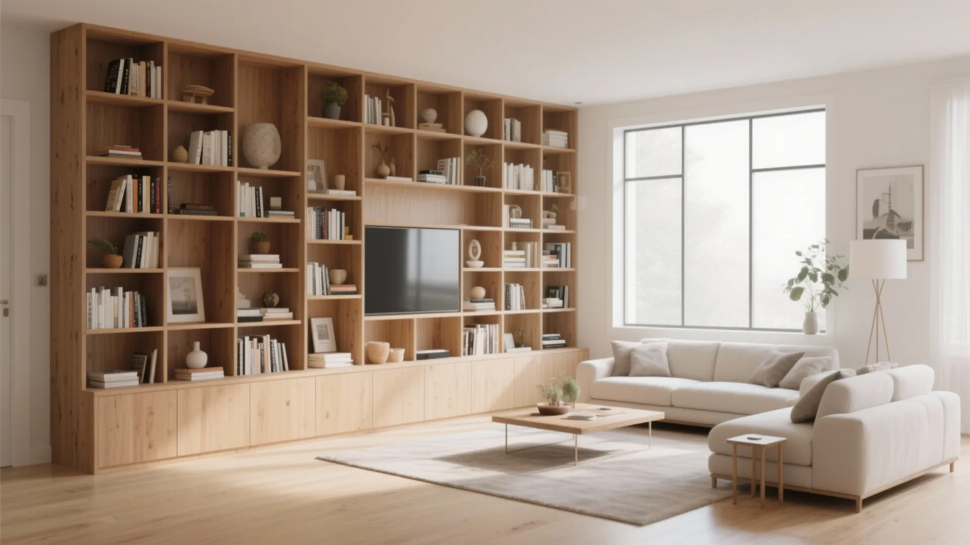 Rectangular living room with tall built-in shelving and bright daylight