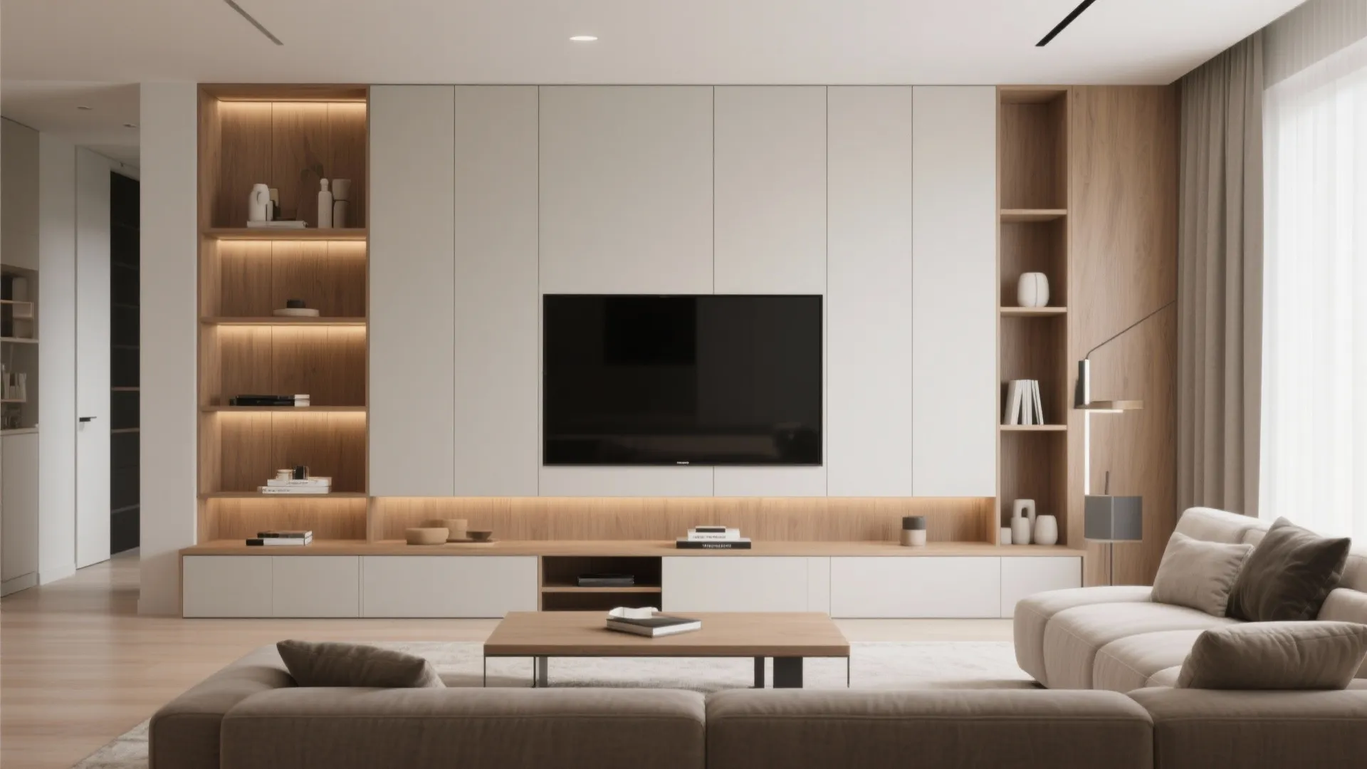Modern living room featuring a large white built-in wall cabinet with integrated television and bookshelves
