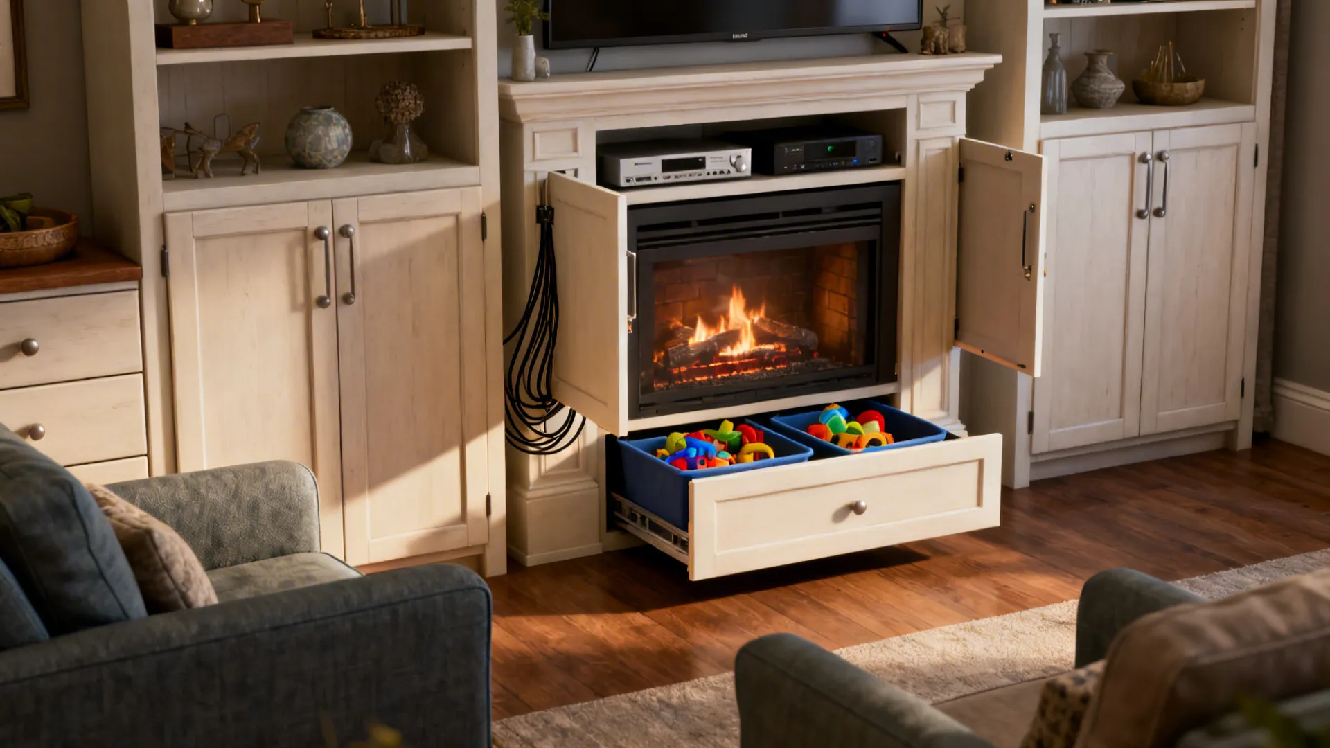 Built-in cabinets around a fireplace with concealed media and toy storage, showing cable management and durable finishes.