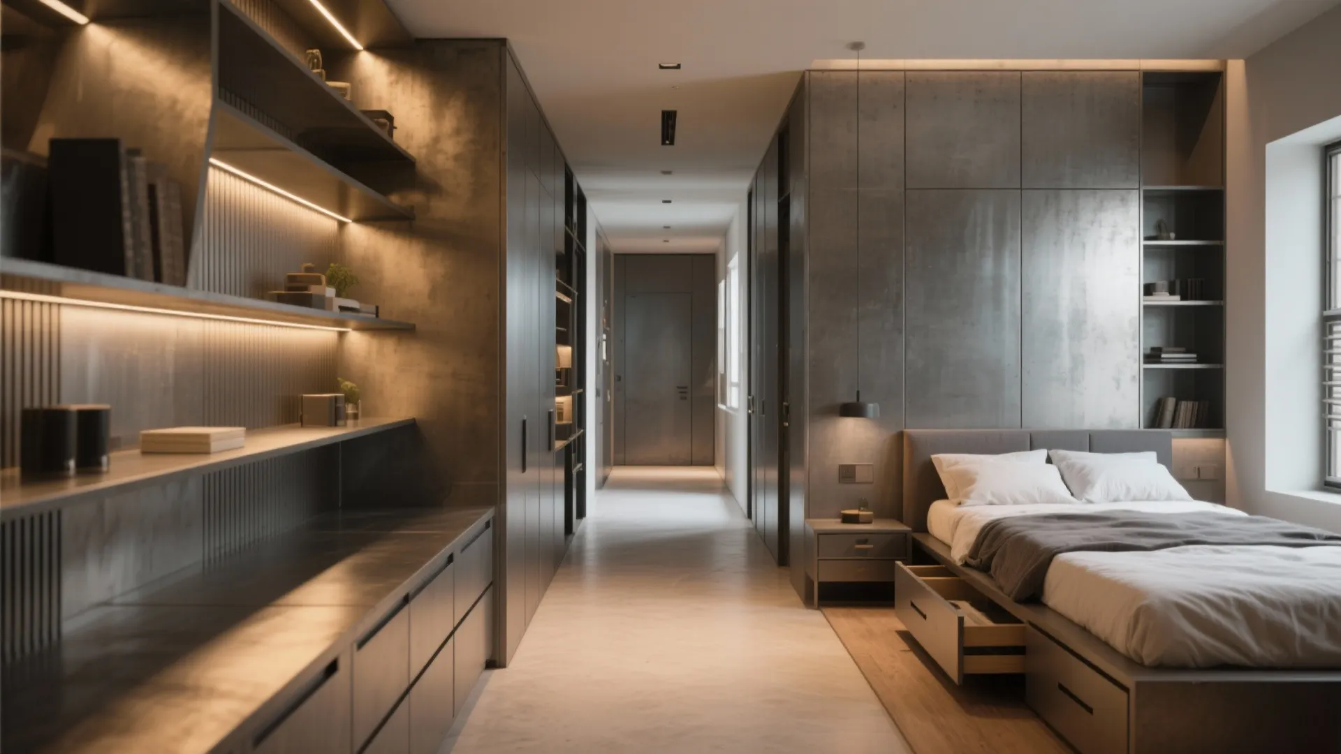 Modern dark bedroom with wall panel shelving unit bed with drawers and a long hallway