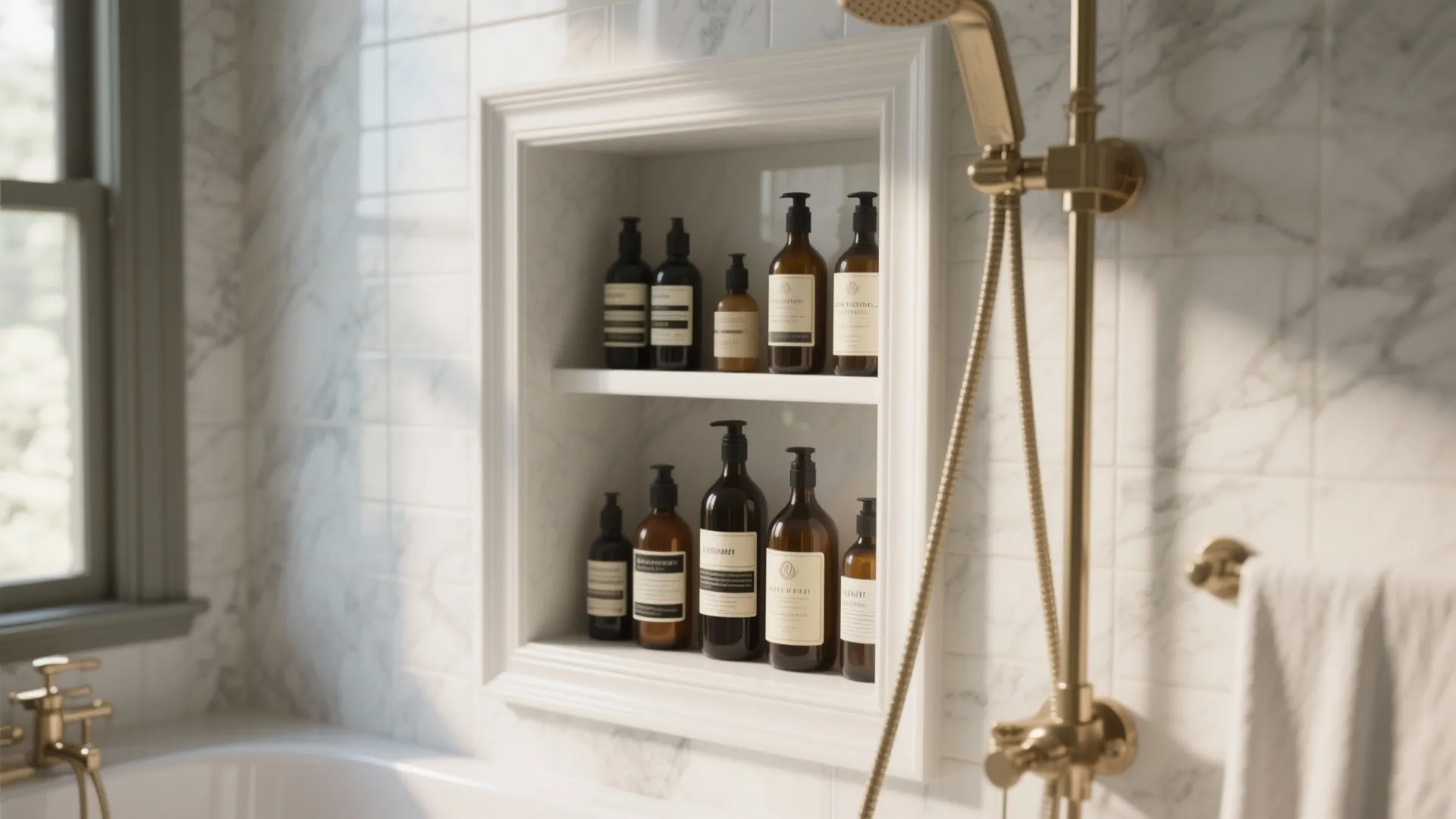 White wall storage shelf in shower with marble tiles holding several brown glass soap bottles inside