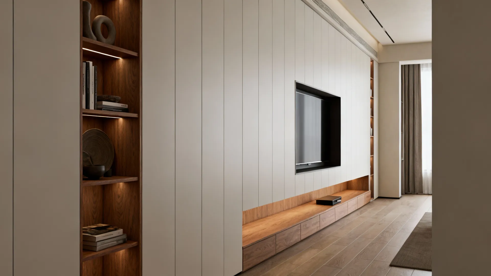 Built-in shelving and recessed media niche acting as visual anchors in a narrow living room.
