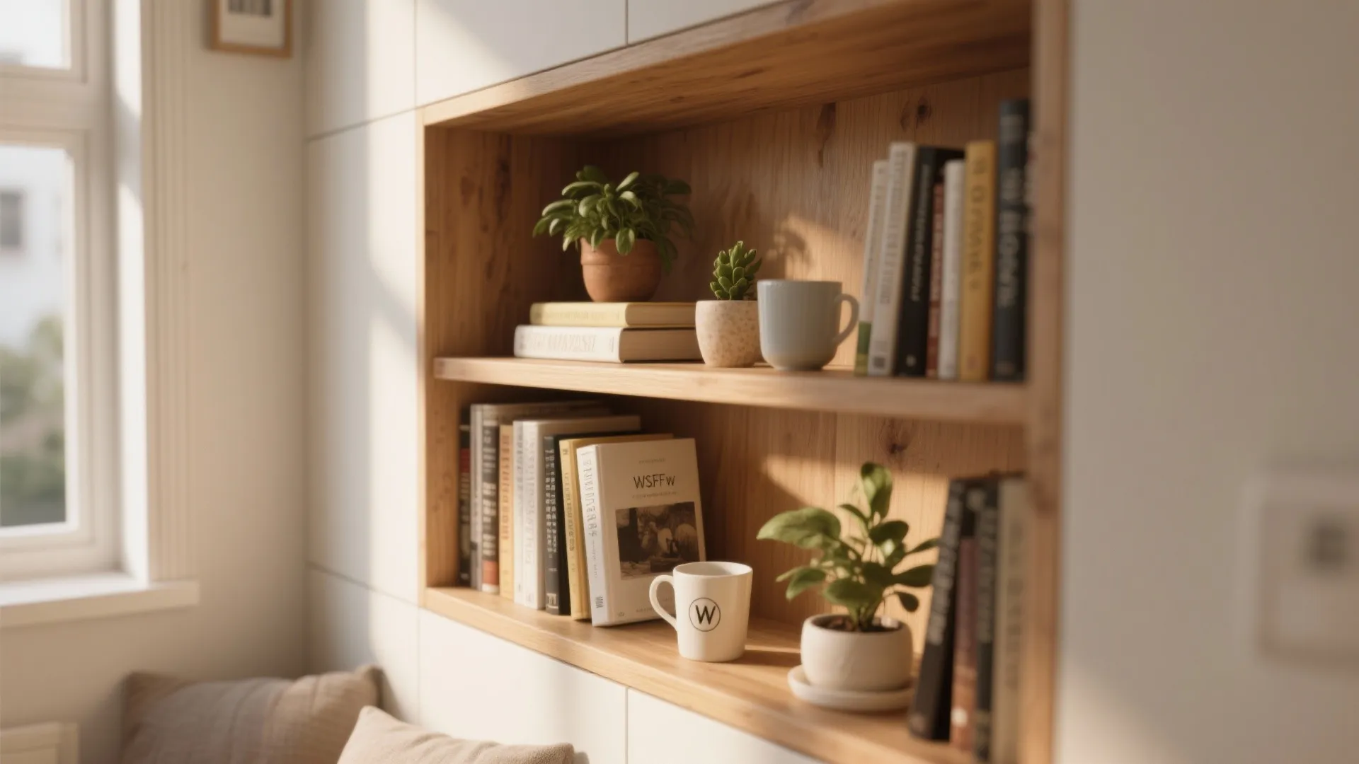 Built-in wooden wall shelf with books potted plants and coffee mugs near a bright window