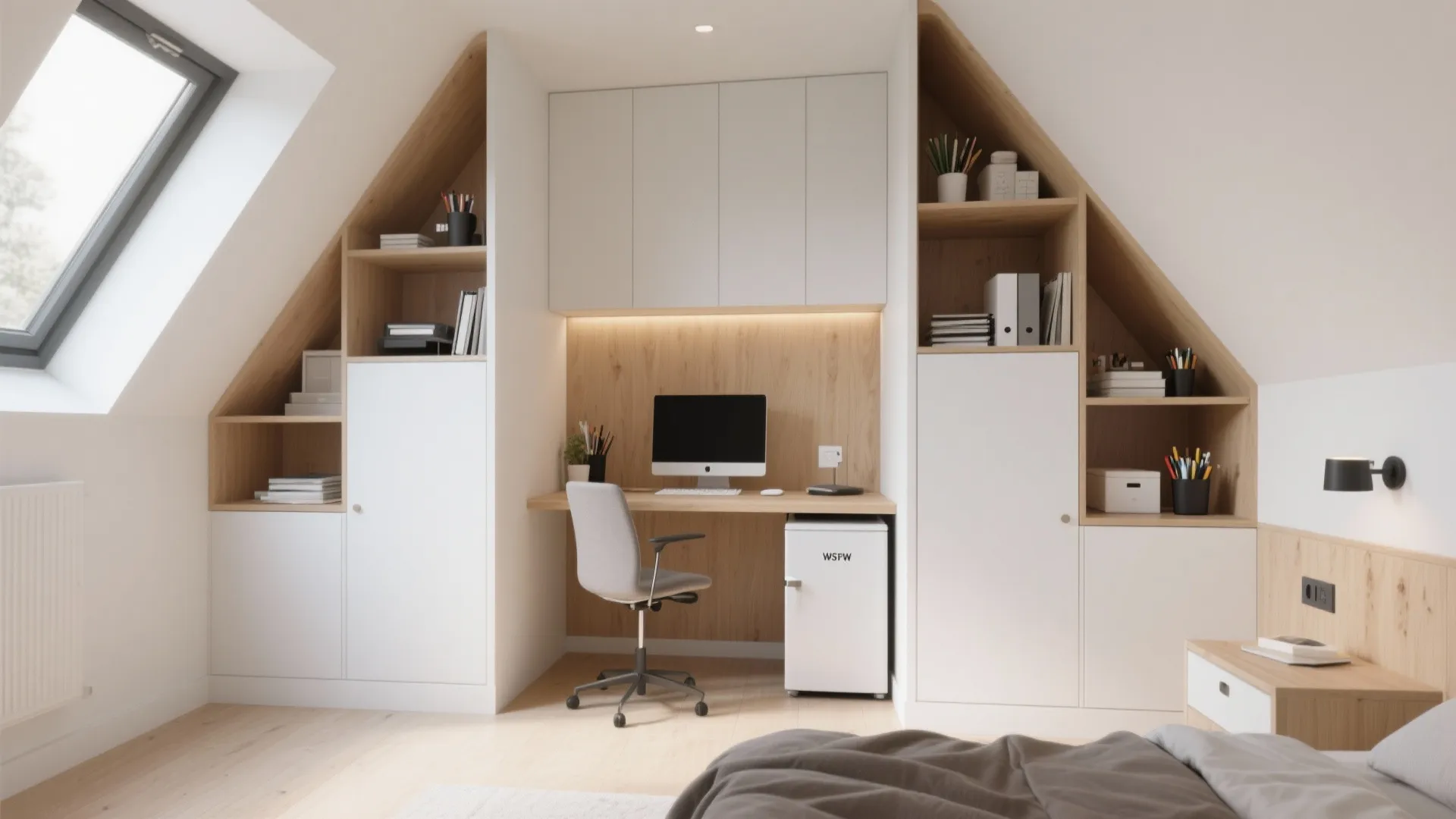 Attic home office with built in white cabinets wooden desk grey chair and roof window