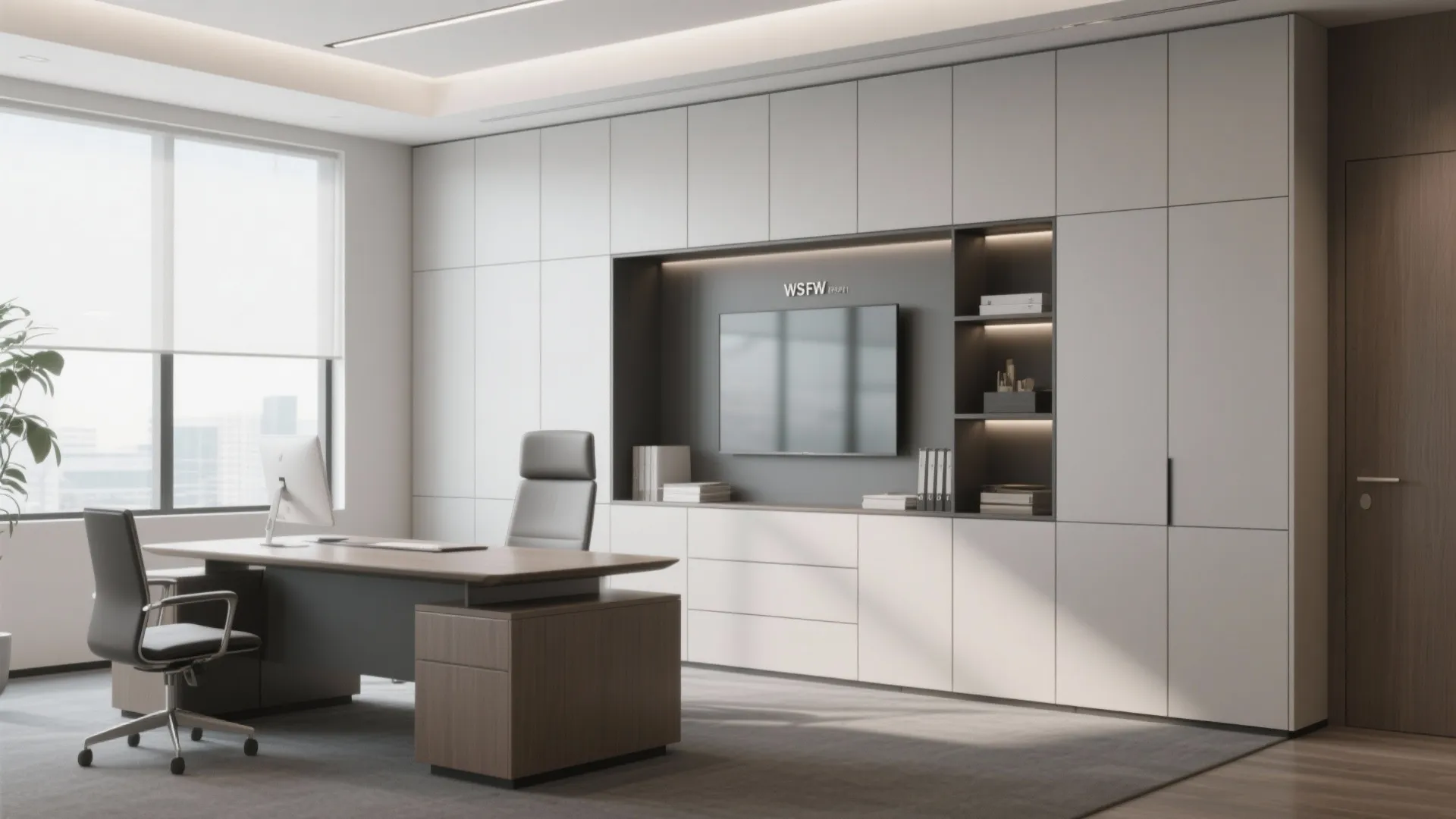 Modern office with white built-in storage cabinets, a television, wooden desk, office chair, and window