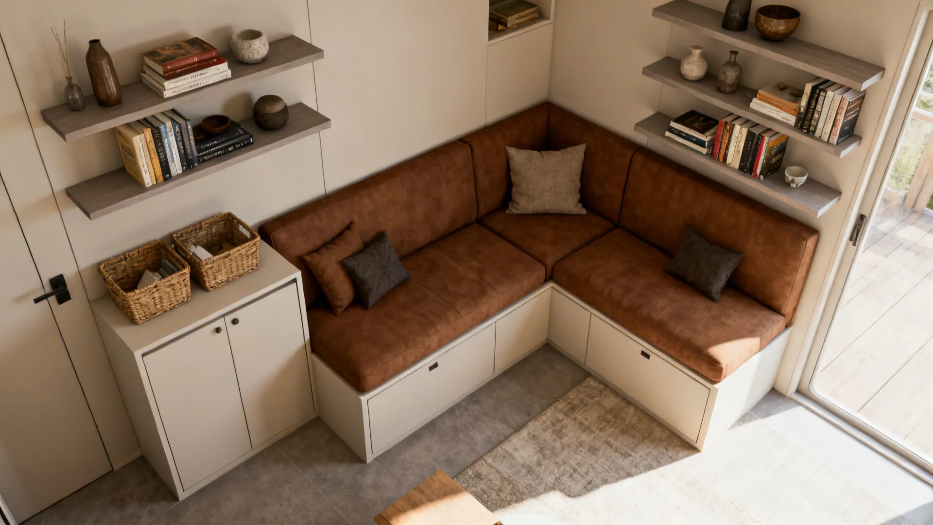 5. Built-in Storage and Floating Shelves Around the Sofa
