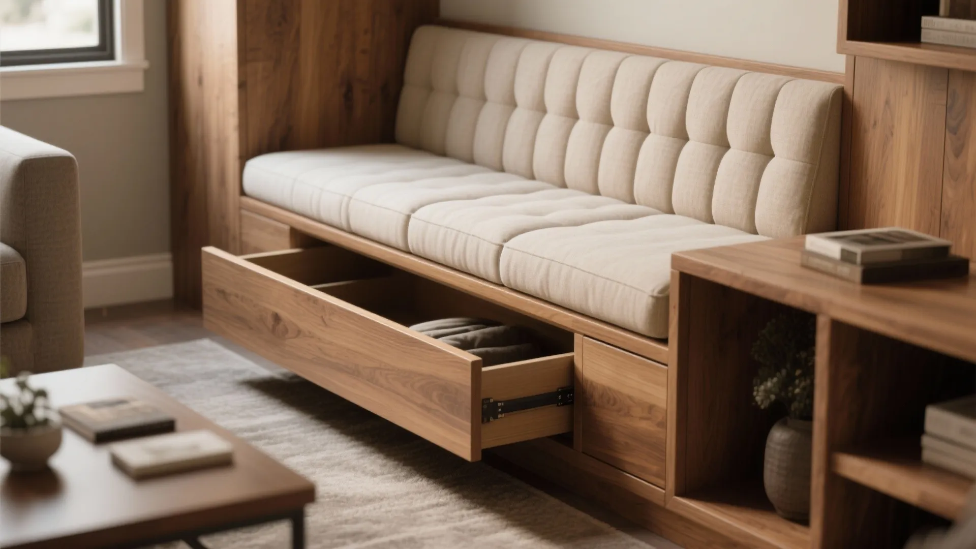 Built-in bench seating with hidden storage compartments