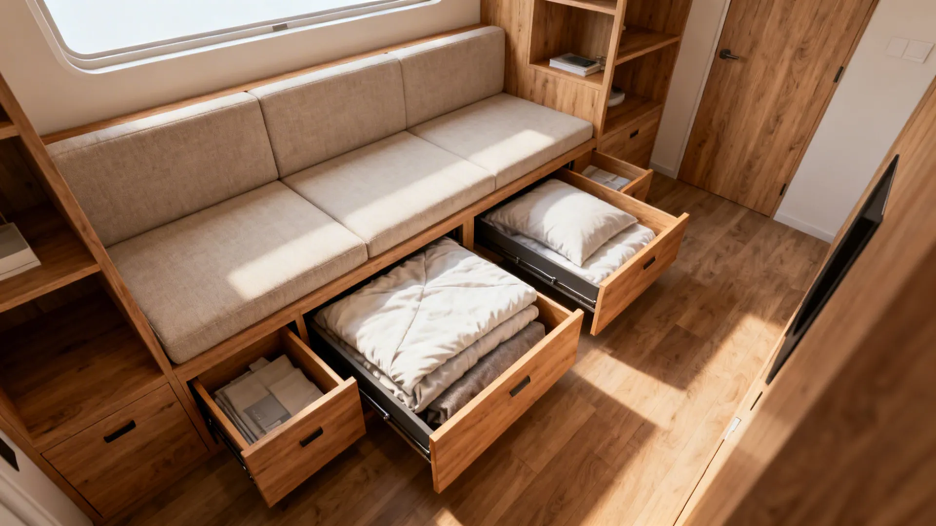 Built-in wooden sofa bench with under-seat drawers open, storing bedding in a compact studio.