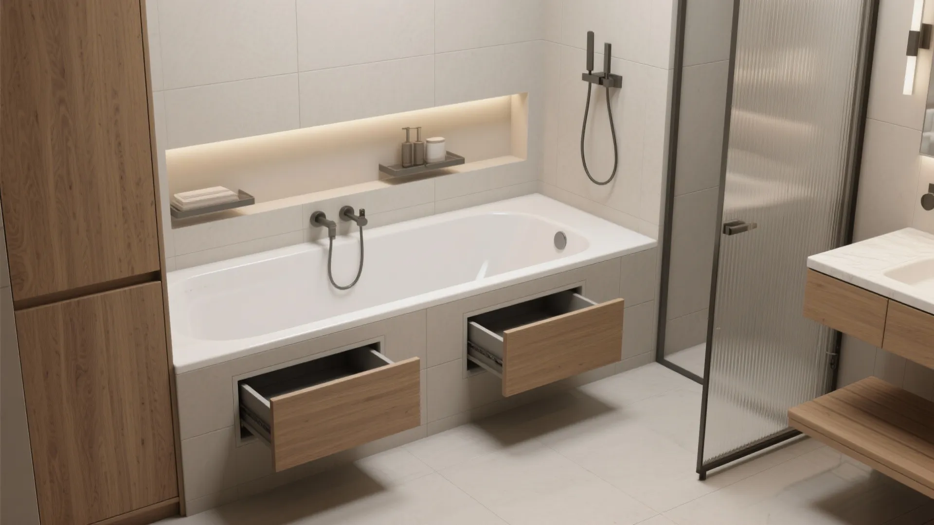 5. Built-in narrow tubs with storage and folding screens