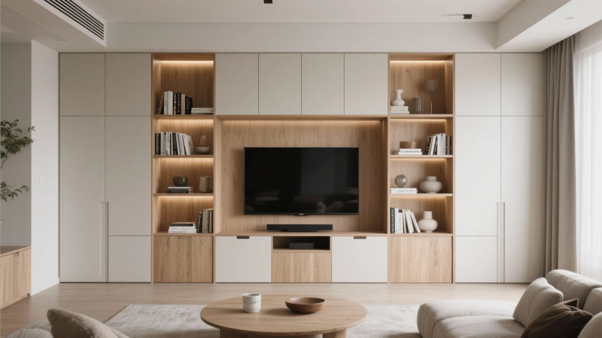 Modern living room with built-in storage wall cabinet featuring wood shelves and a large television