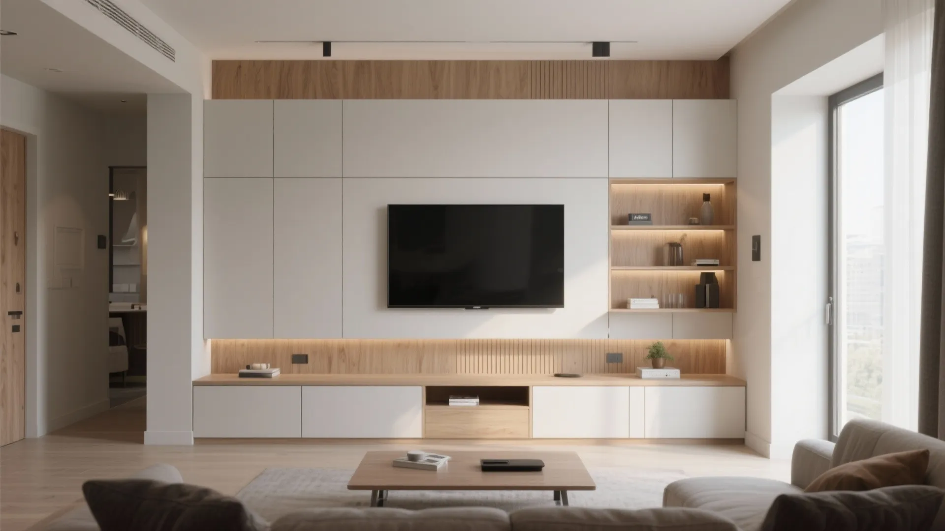 Modern living room with white built in wall unit television wood accents and soft lighting