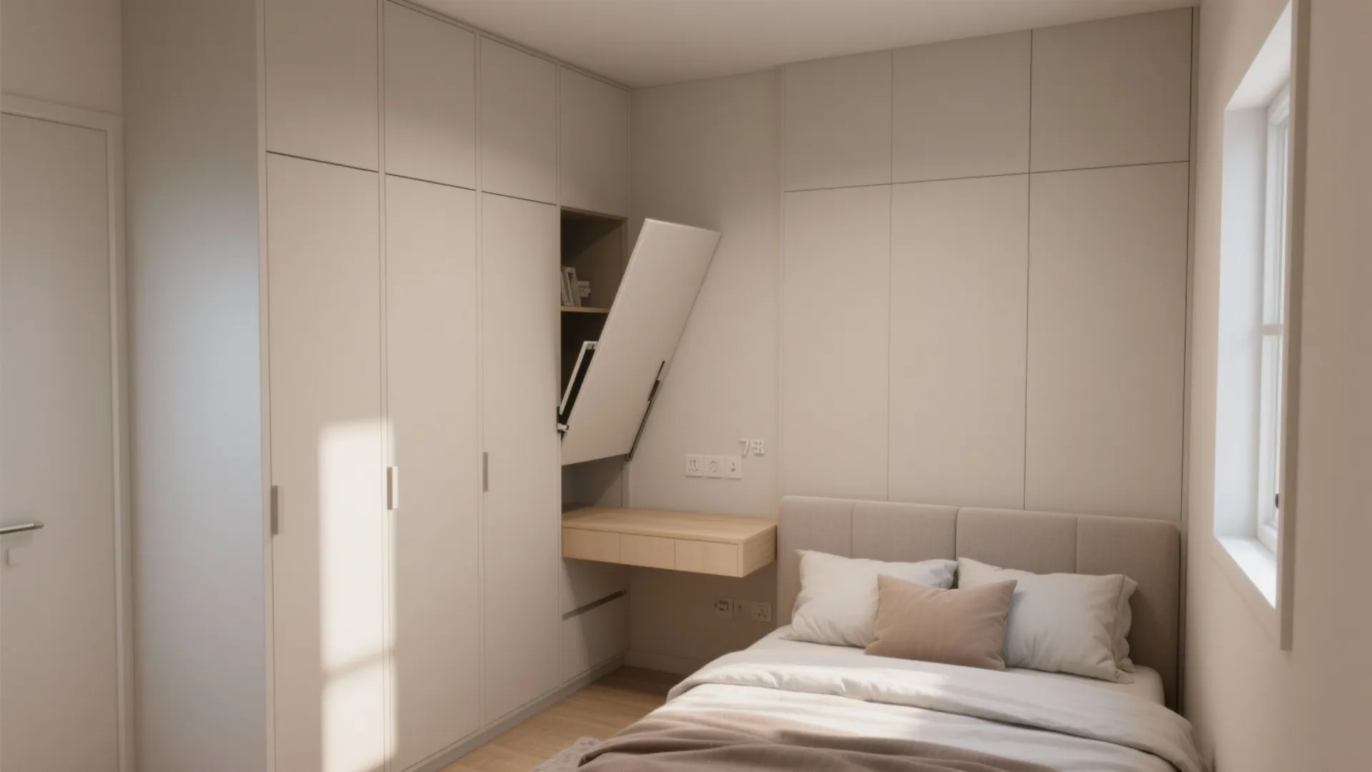 Floor-to-ceiling built-in storage with hidden fold-out desk