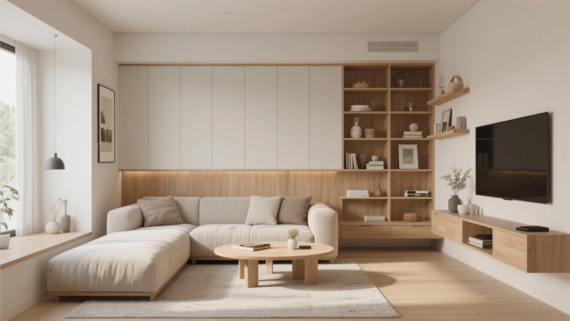 Modern living room with built-in wood storage wall