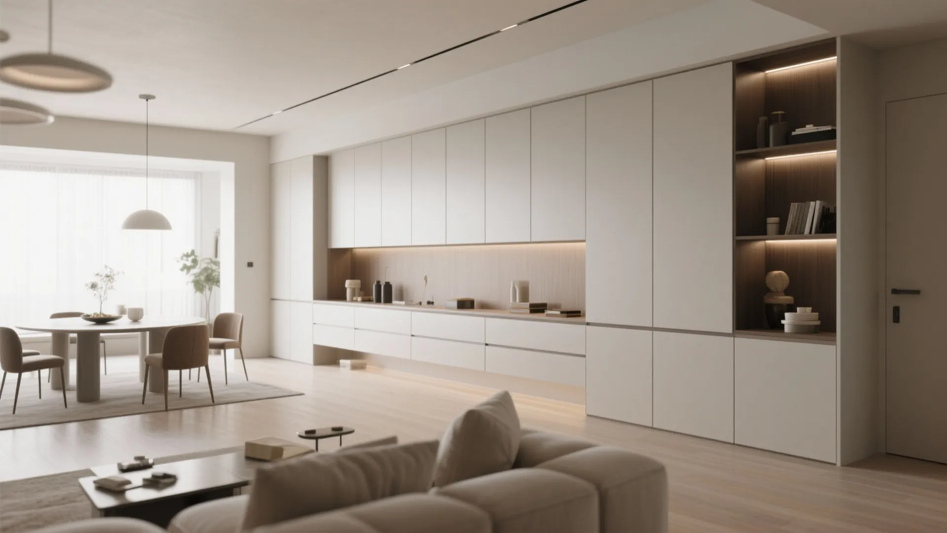 Minimalist white storage cabinet wall with built in shelves warm lighting and nearby dining area furniture