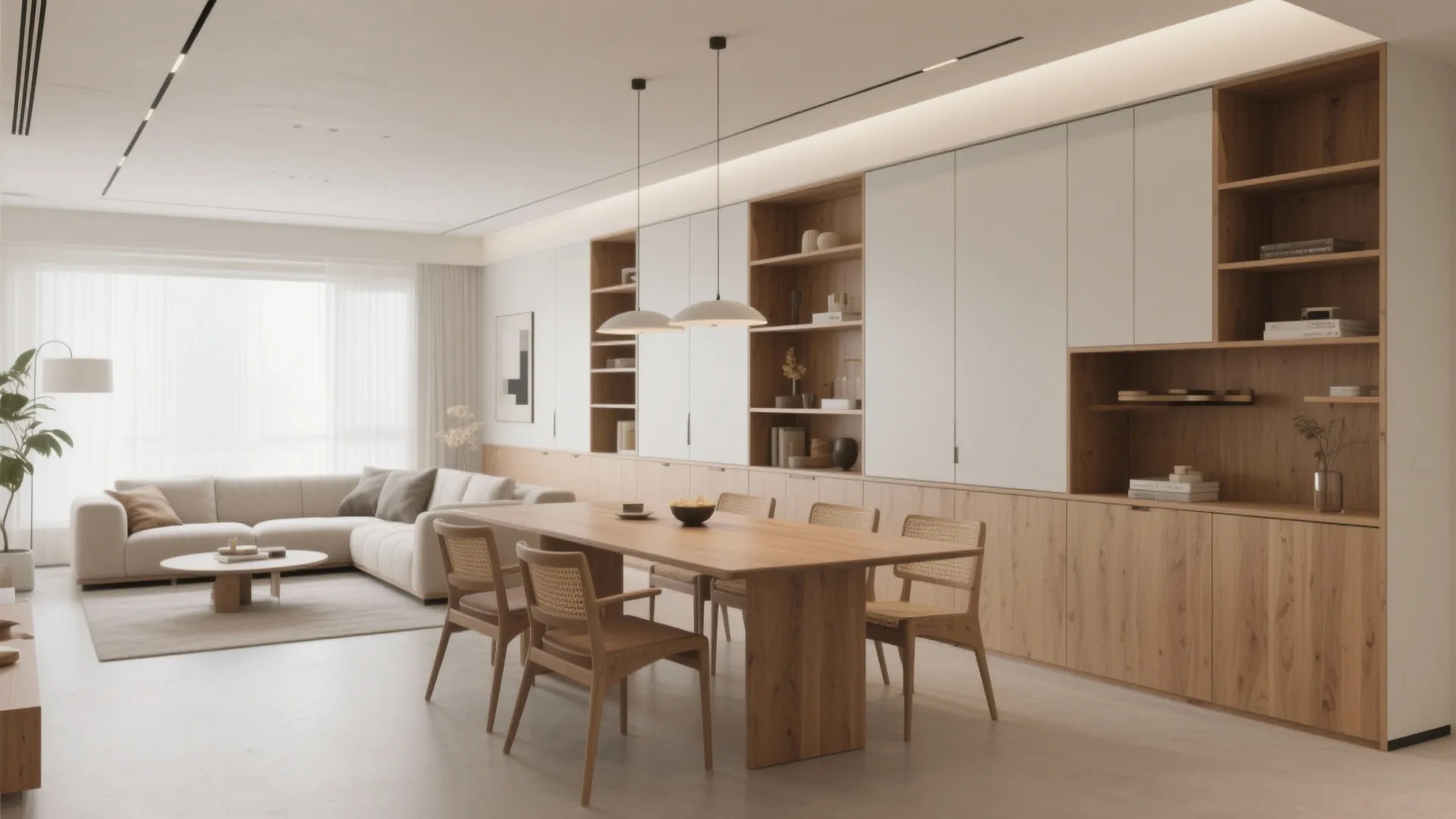 Large wooden wall cabinet with shelves and doors in a modern open plan living room