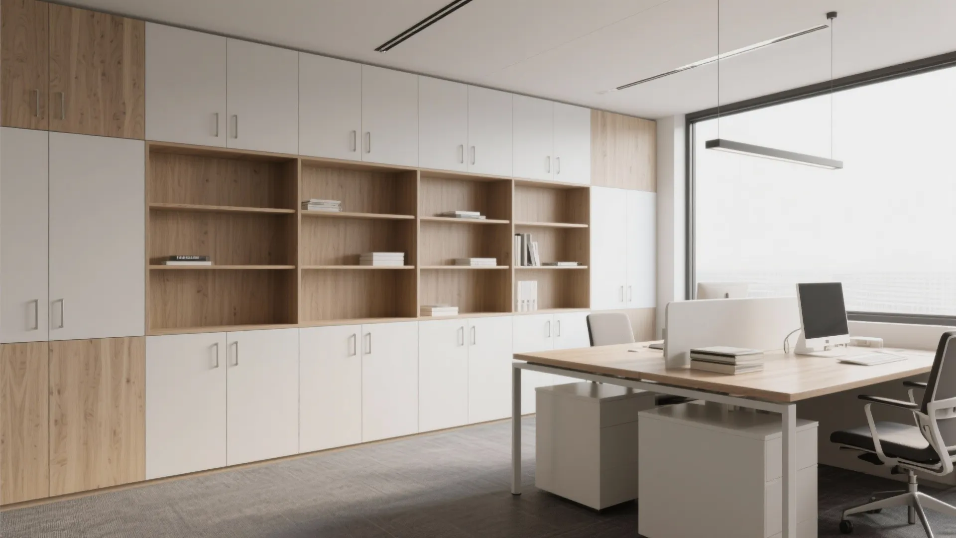 Modern office interior design showing large white and wood cabinet wall with desk and chairs