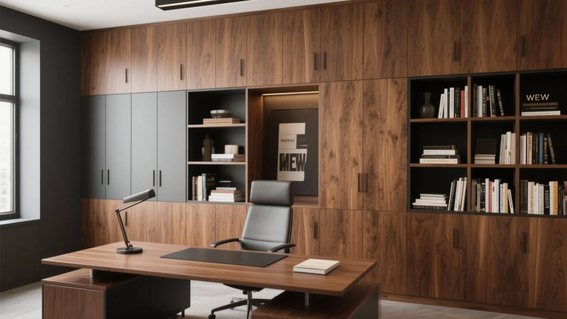 Dark wood office with large wall cabinet featuring books a desk and black leather chair