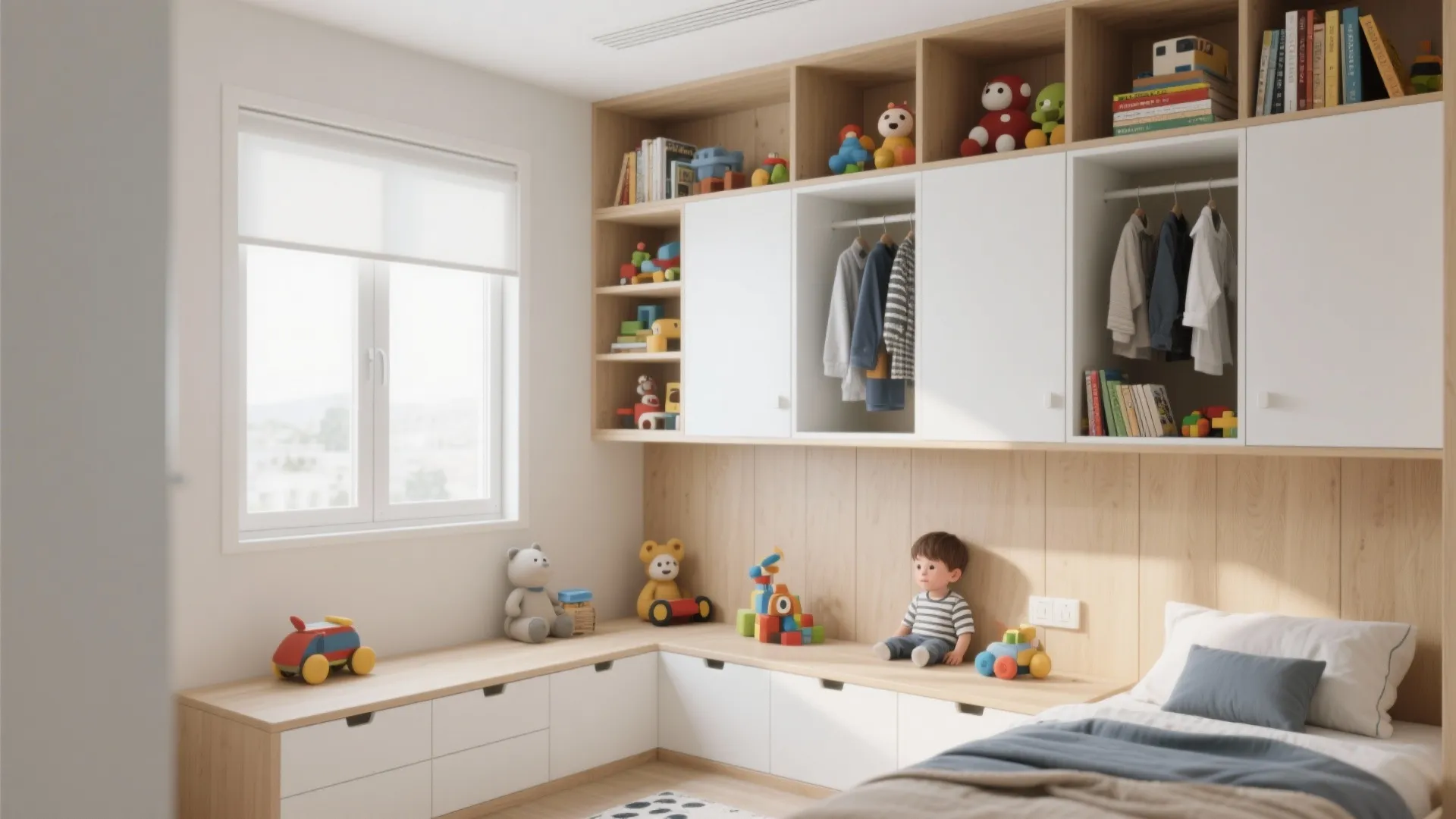 Modern kids room with white built-in storage cabinets wall panels and wooden shelves for toys