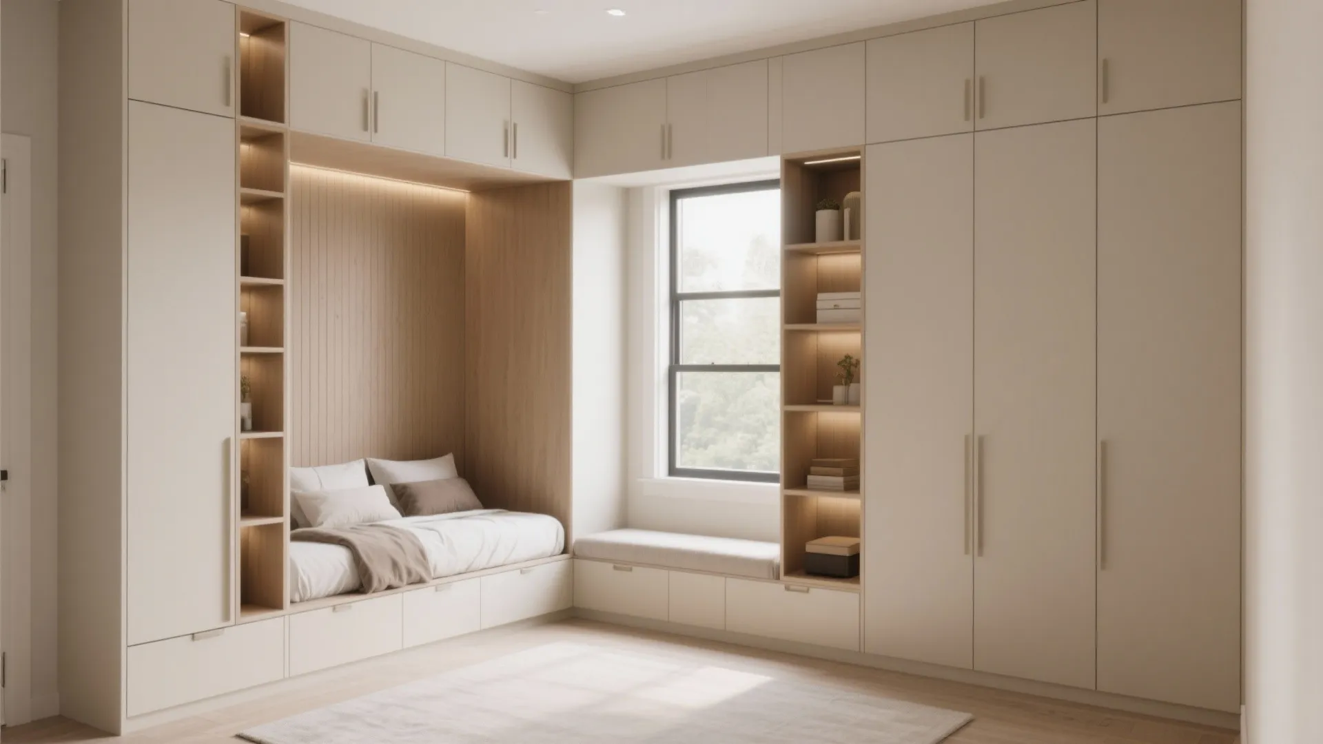 Custom cream wall cabinet system with integrated bed nook window seat and wooden display storage shelves
