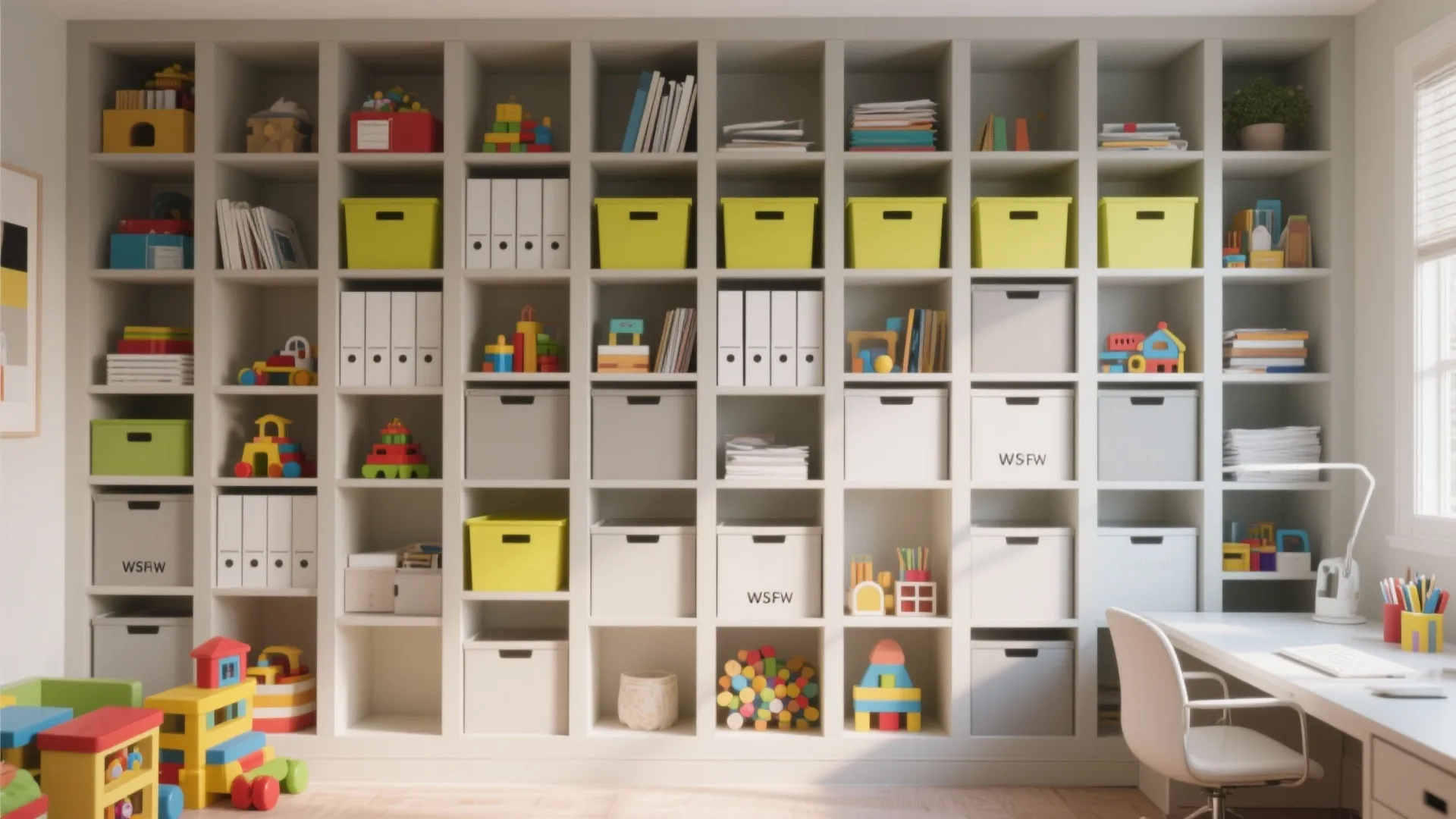 Large white wall cabinet unit filled with colorful storage bins toys books and office supplies