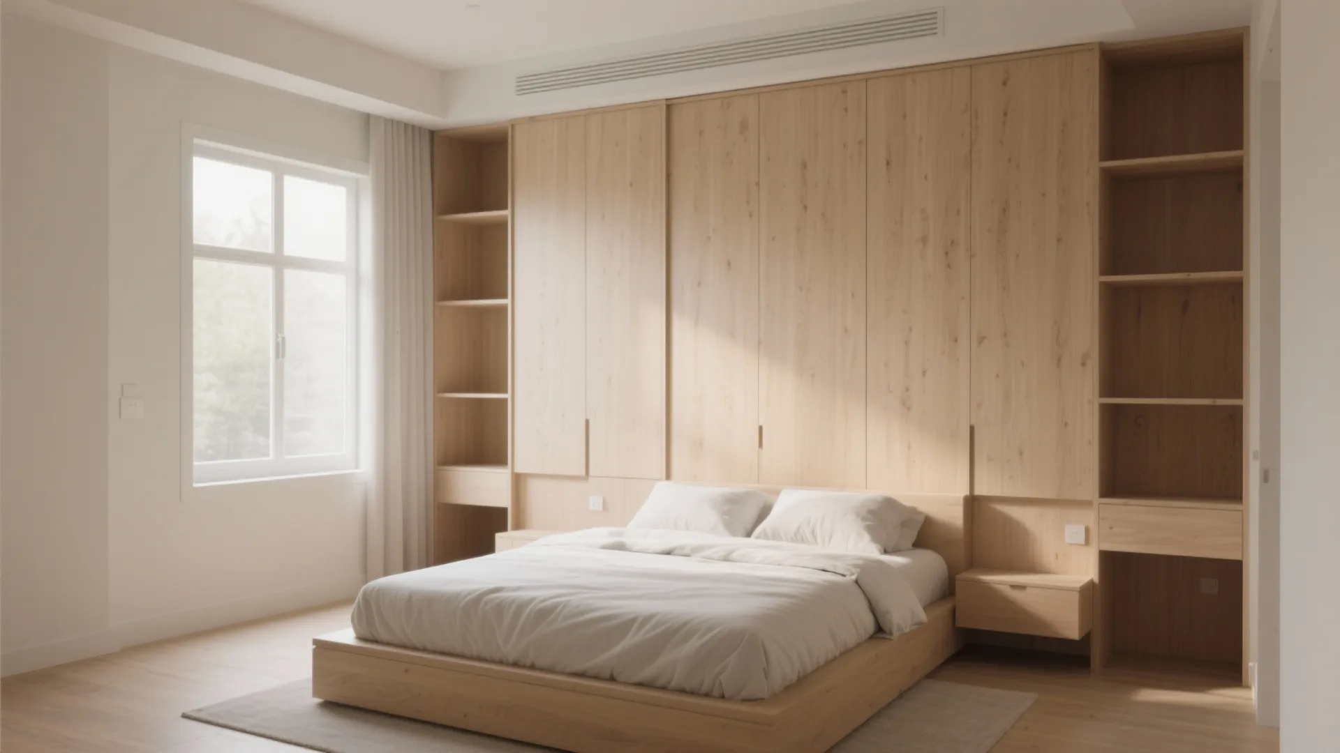 Modern bedroom featuring a large wooden wall cabinet system with built in shelves and cozy bed
