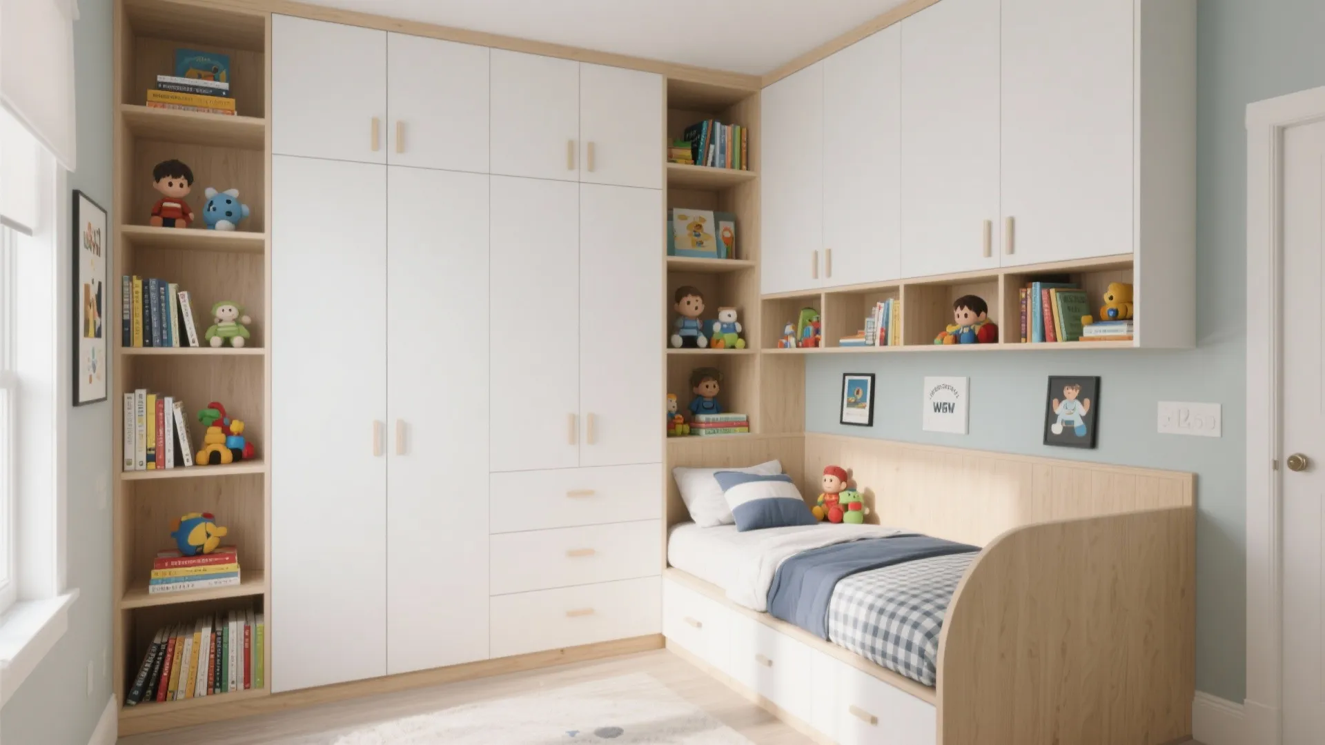 Boys’ bedroom with built-in storage wall of cabinets and cubbies