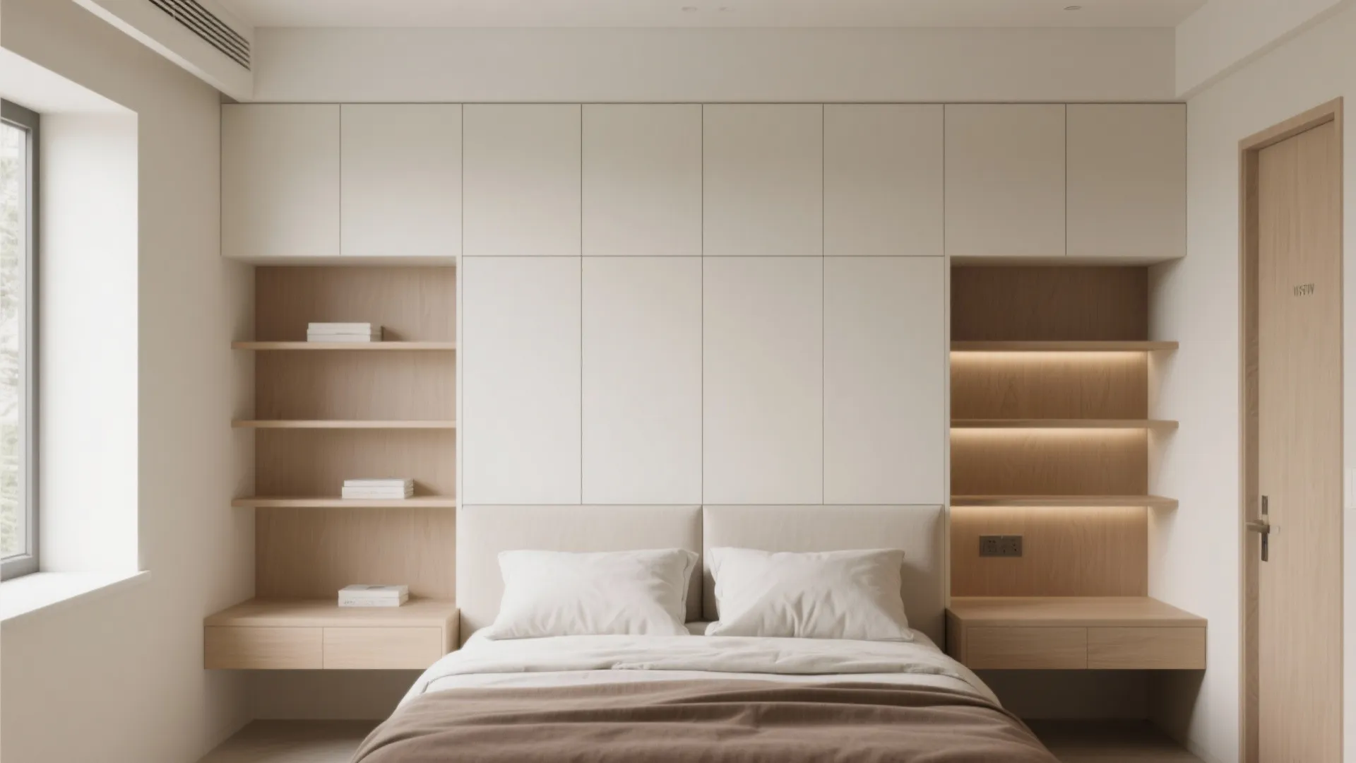 Modern bedroom with built in white wall cabinets wooden shelves and a large comfortable bed