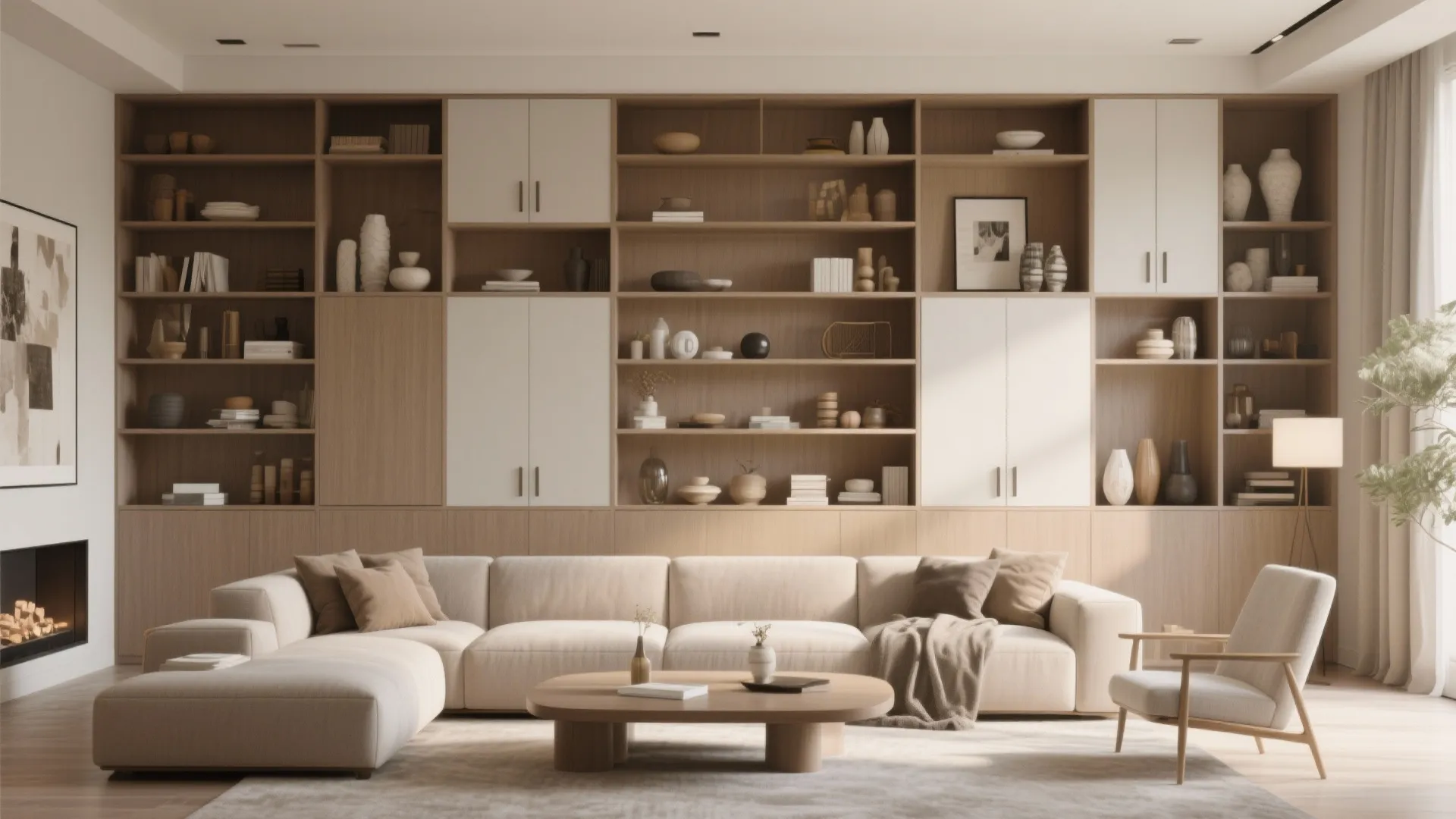 Large wooden storage cabinet wall behind cream sofa wooden coffee table and comfy armchair fireplace